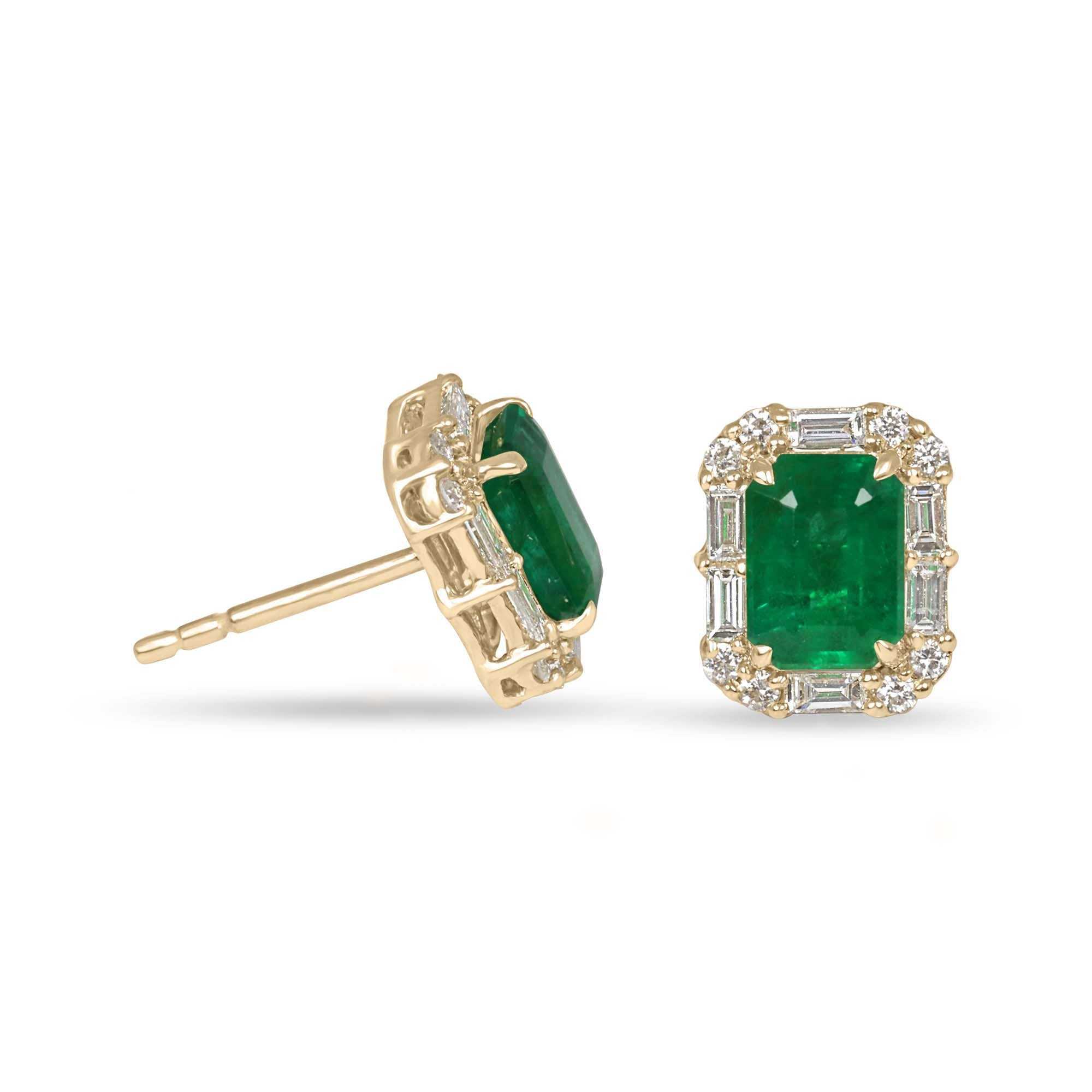 18K gold halo stud earrings featuring rich green emeralds and baguette diamonds, designed by JR Colombian Emeralds.