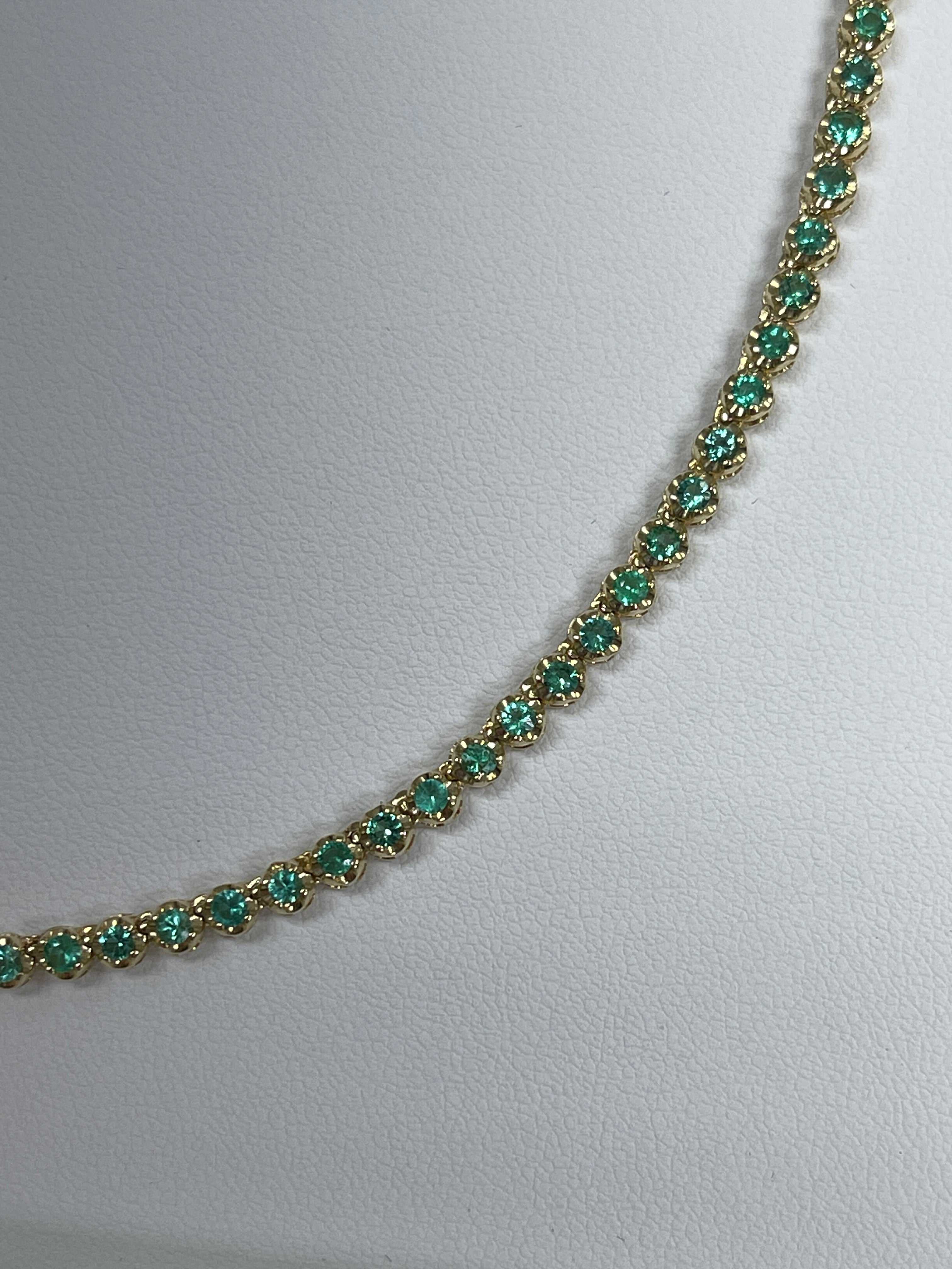 Green emerald round prong tennis necklace with 8.20 total carats in 14K gold, 17-inch length, by JR Colombian Emeralds.
