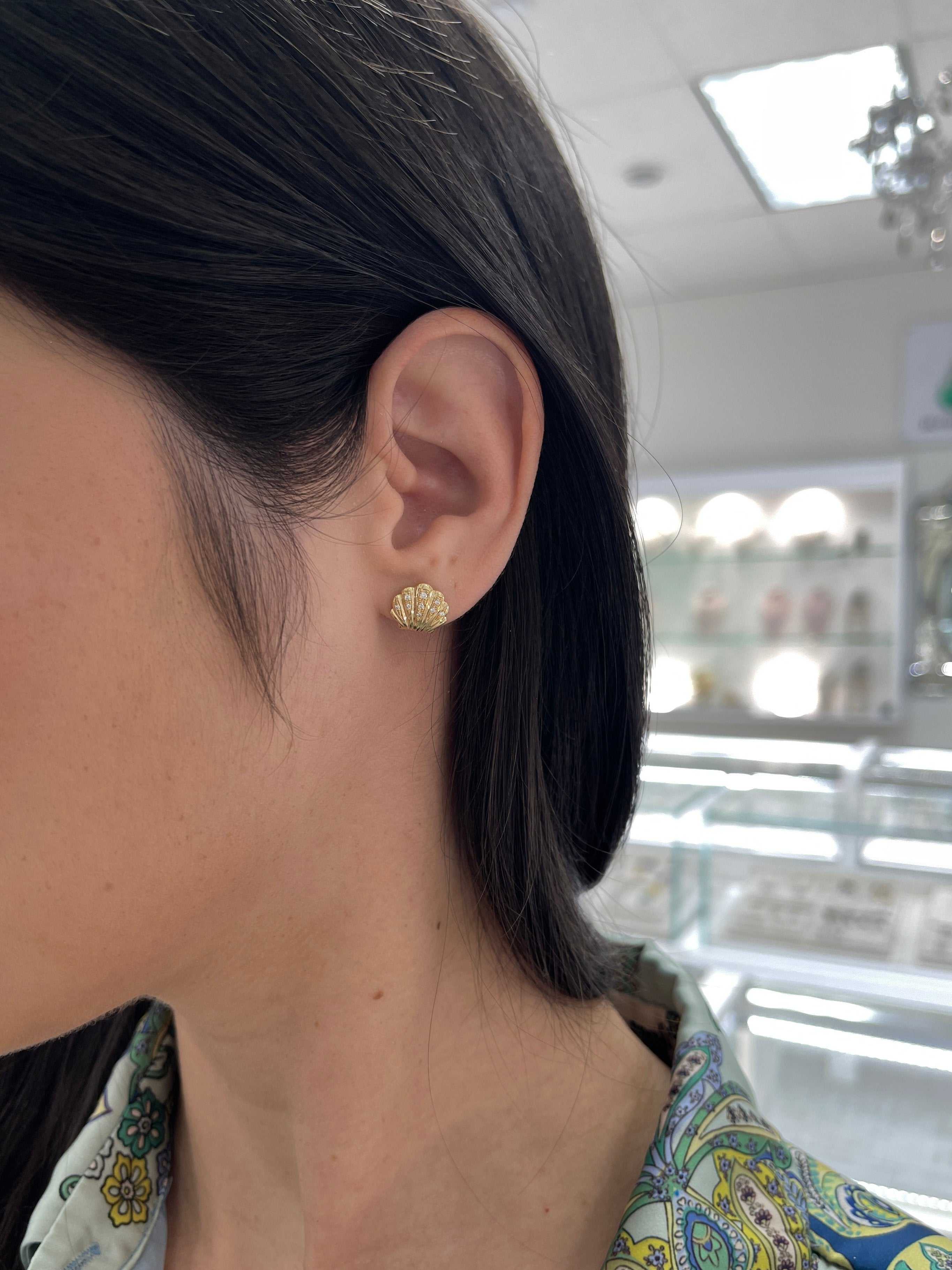As Seen on Instagram: 18K Gold Diamond Sea Shell Studs - JR Colombian Emeralds
