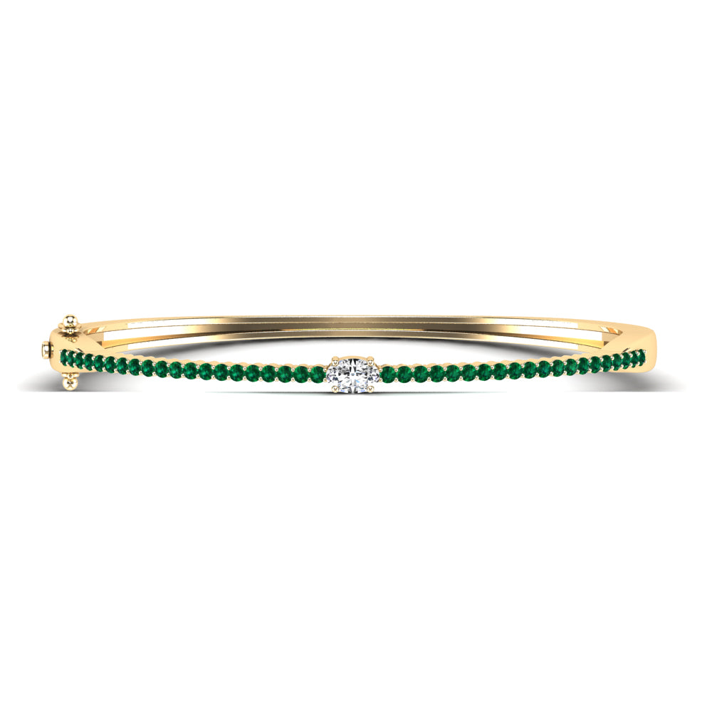 Oval Diamond & Emerald Bangle Bracelet in 14K Yellow Gold- 5.5 Inch Wrist - JR Colombian Emeralds
