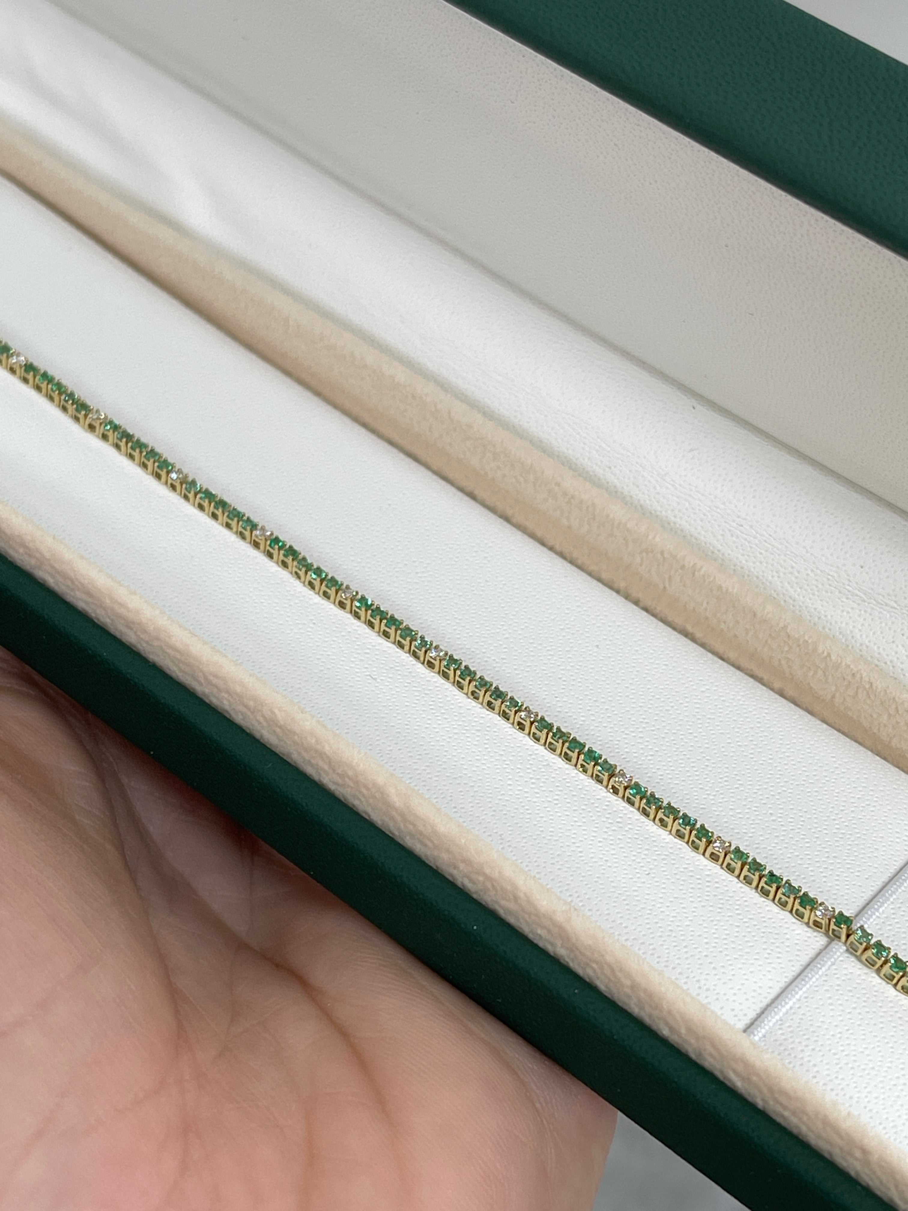 Petite 1.14tcw Emerald & Diamond Tennis Bracelet 14K Yellow Gold- 7 Inches - JR Colombian Emeralds