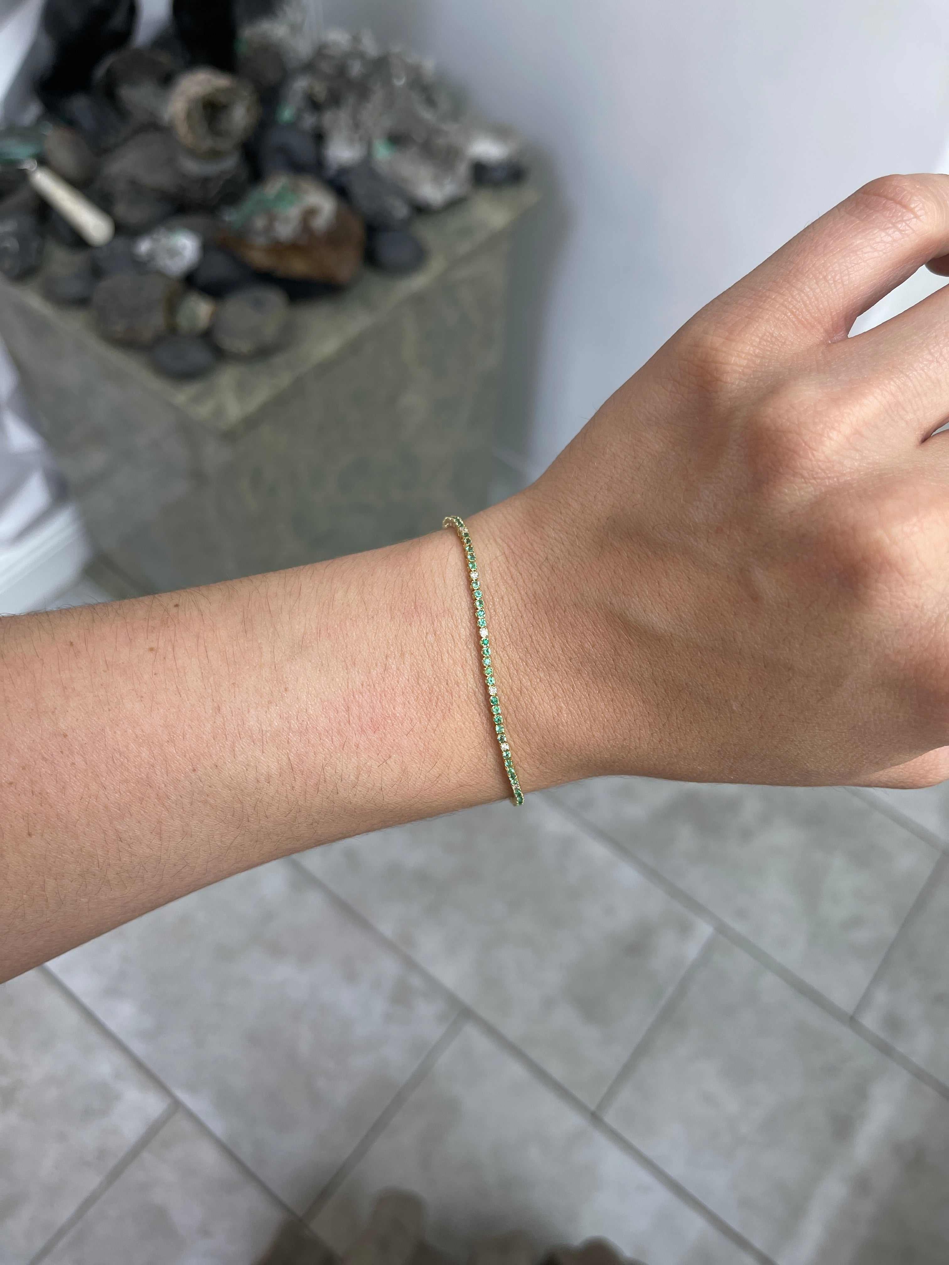 Petite 1.14tcw Emerald & Diamond Tennis Bracelet 14K Yellow Gold- 7 Inches - JR Colombian Emeralds