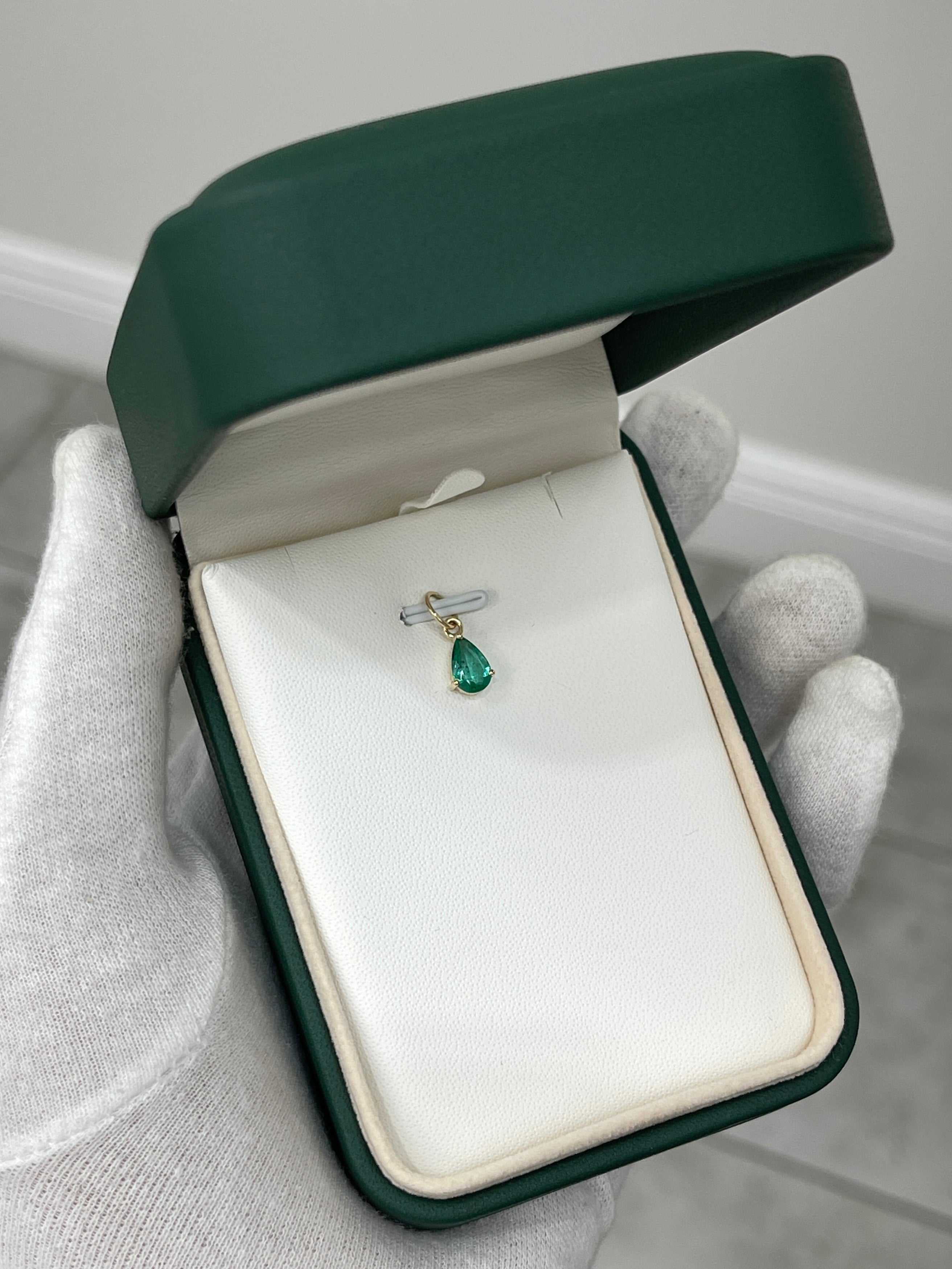 Petite 0.70ct natural freckled teardrop emerald prong pendant in 14K gold by JR Colombian Emeralds