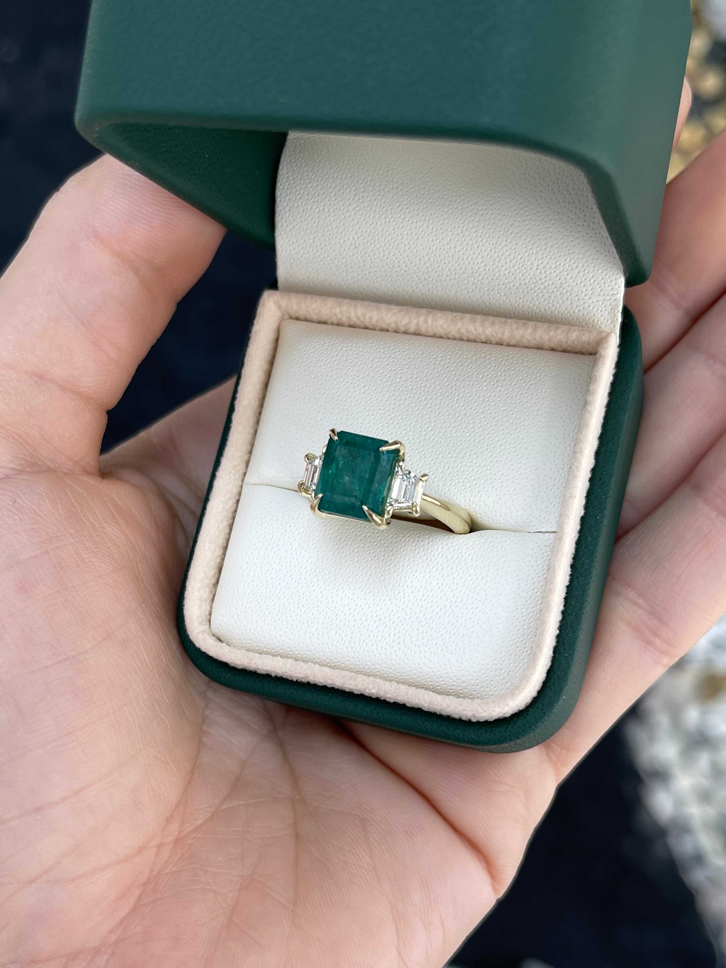 5.03tcw Natural Emerald & Trapezoid Lab Diamond Three Stone Ring 14K - JR Colombian Emeralds