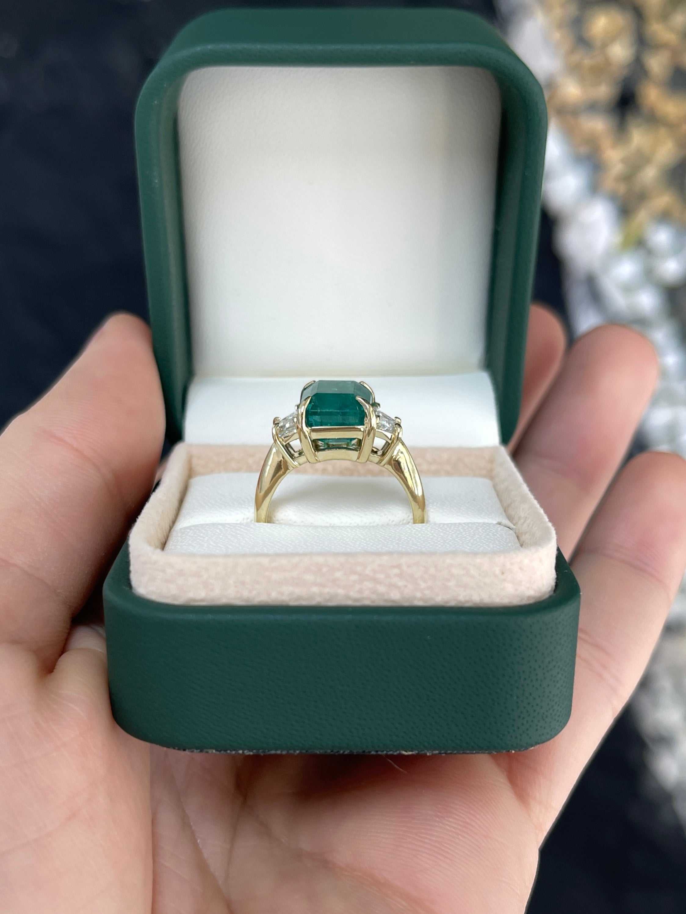 5.03tcw Natural Emerald & Trapezoid Lab Diamond Three Stone Ring 14K - JR Colombian Emeralds
