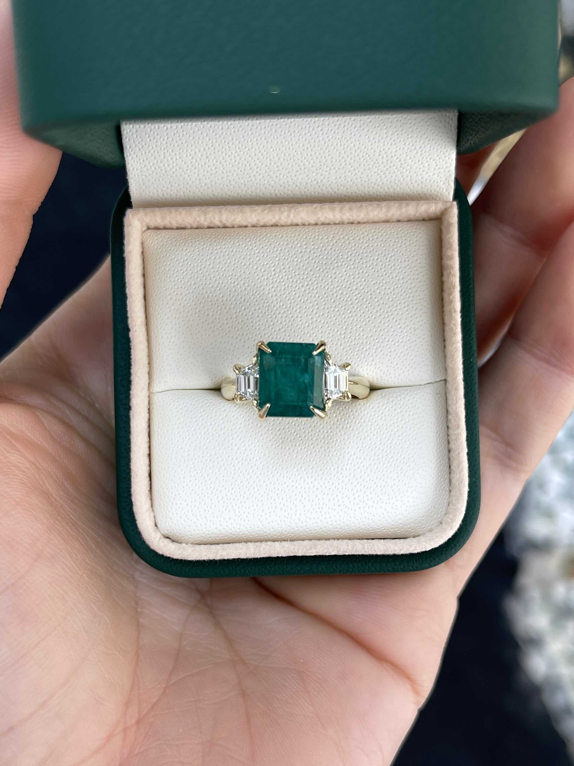 5.03tcw Natural Emerald & Trapezoid Lab Diamond Three Stone Ring 14K - JR Colombian Emeralds