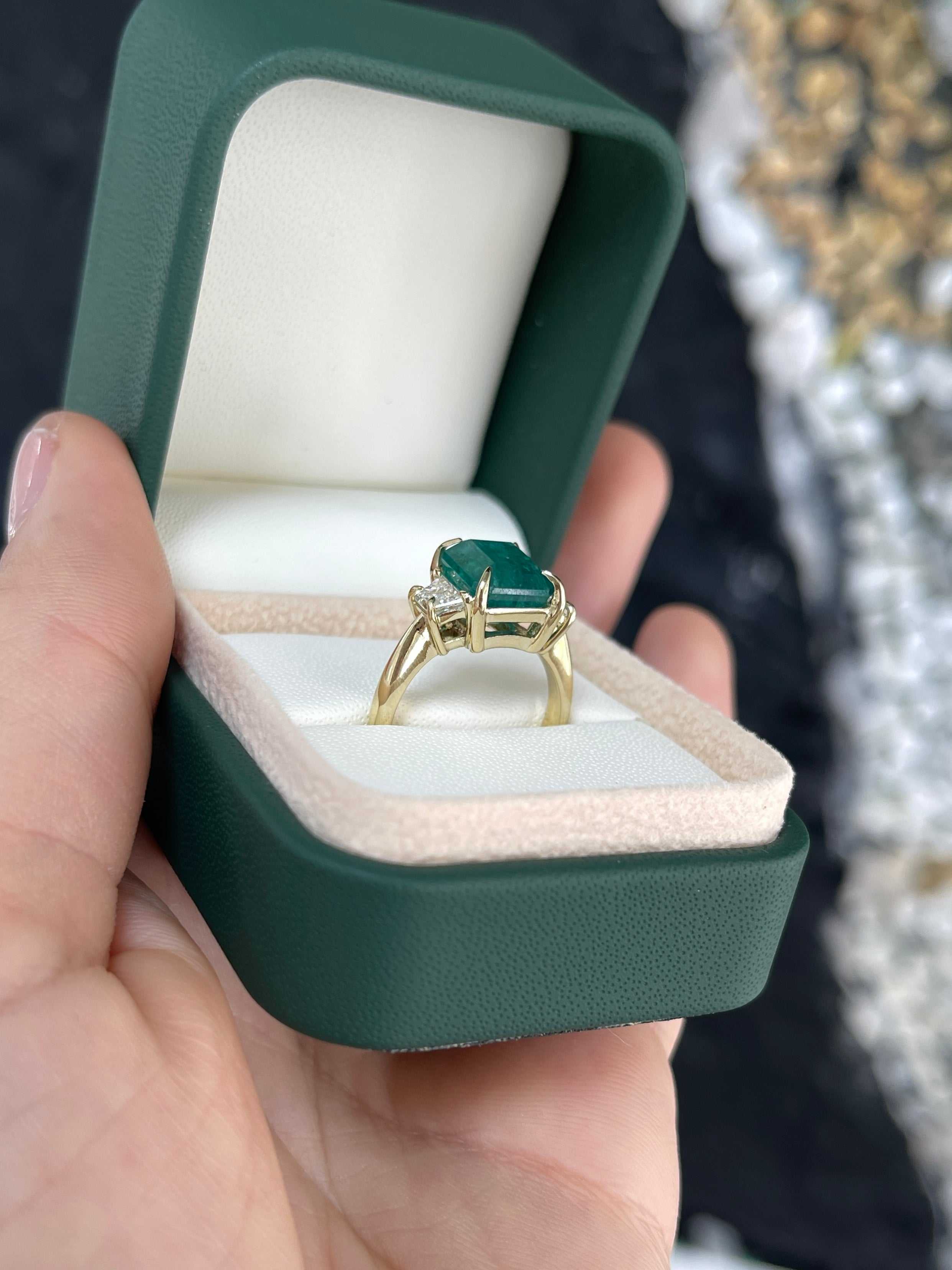 5.03tcw Natural Emerald & Trapezoid Lab Diamond Three Stone Ring 14K - JR Colombian Emeralds