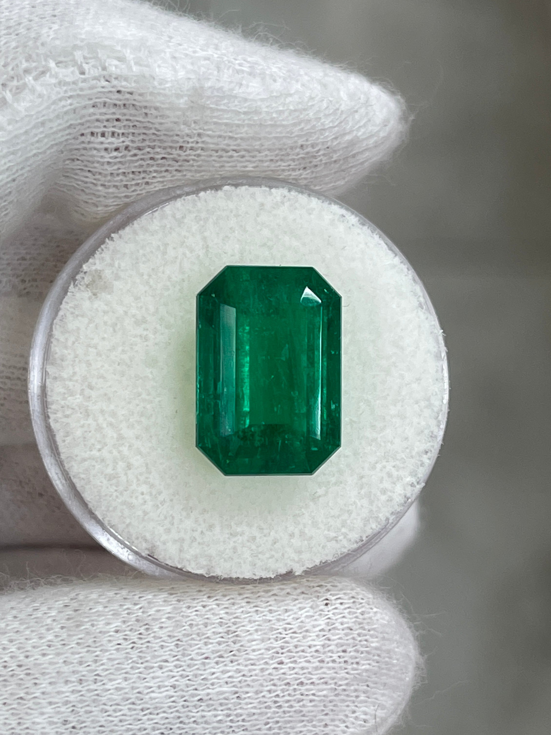 6.39 carat double certified AAA+ vivid Muzo green Colombian emerald cut loose gemstone, natural and high-quality from JR Colombian Emeralds