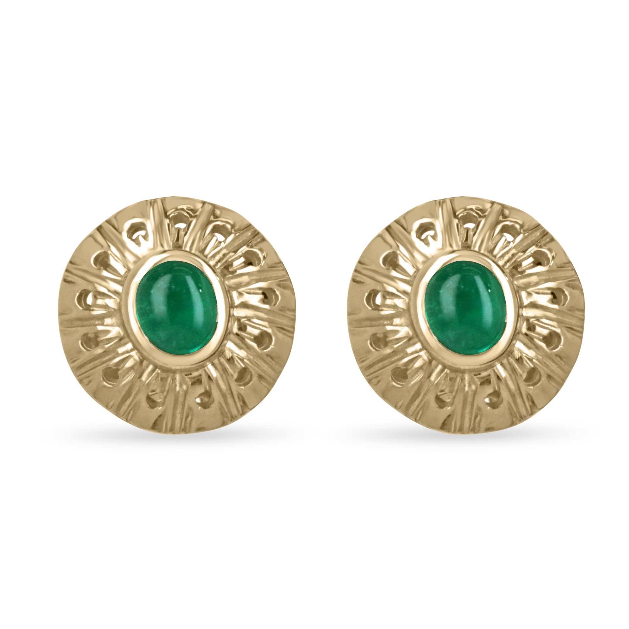 18K gold omega earrings with natural Colombian emerald cabochons, oval shape, deep green color, and etched gold detail