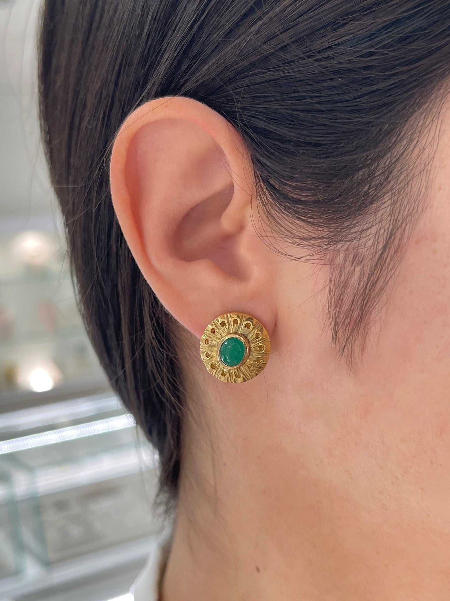 Natural emerald cabochon omega earrings in 14K yellow gold, featuring high-quality 3.10tcw emeralds by JR Colombian Emeralds