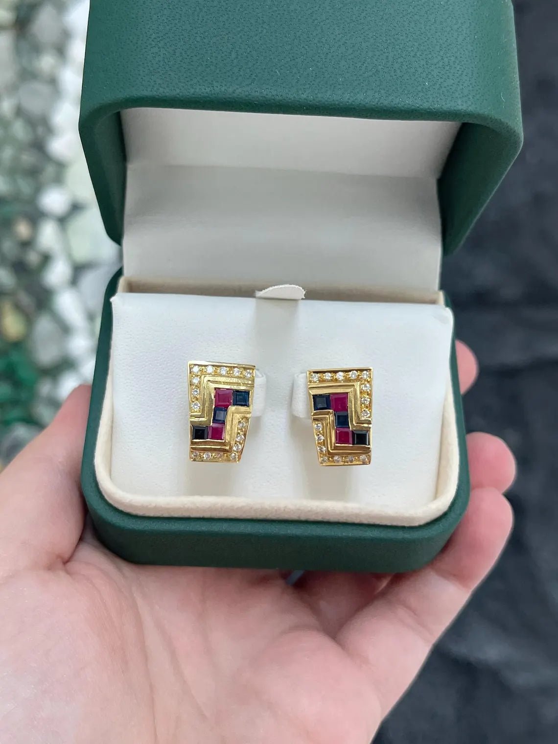 Diamond earrings featuring 1.78tcw natural sapphire and ruby with latch back closure, crafted by JR Colombian Emeralds.