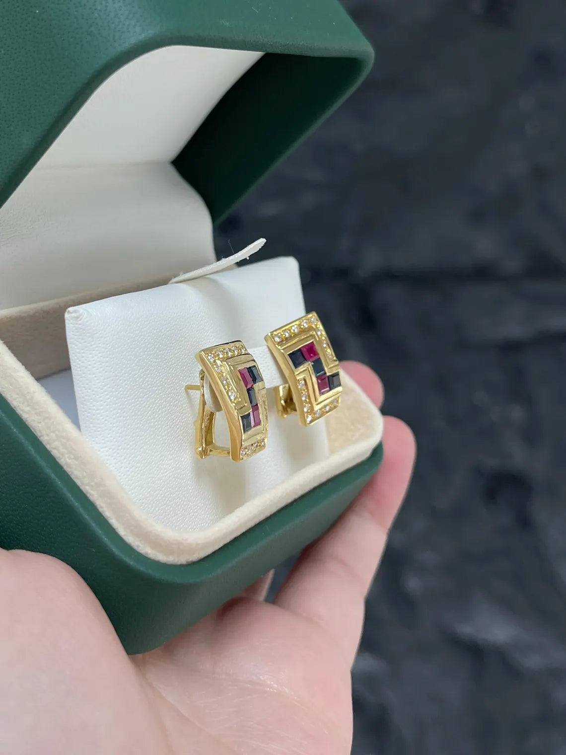 JR Colombian Emeralds sapphire ruby diamond earrings with latch back closure, featuring 1.78 total carats of vibrant gemstones.