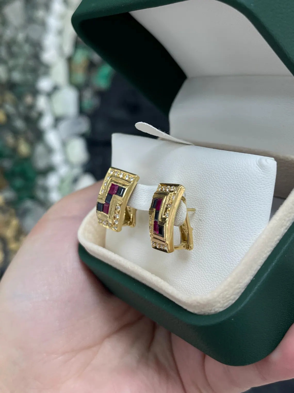 JR Colombian Emeralds natural sapphire and ruby diamond earrings with latch back closure, featuring 1.78 carats total weight.