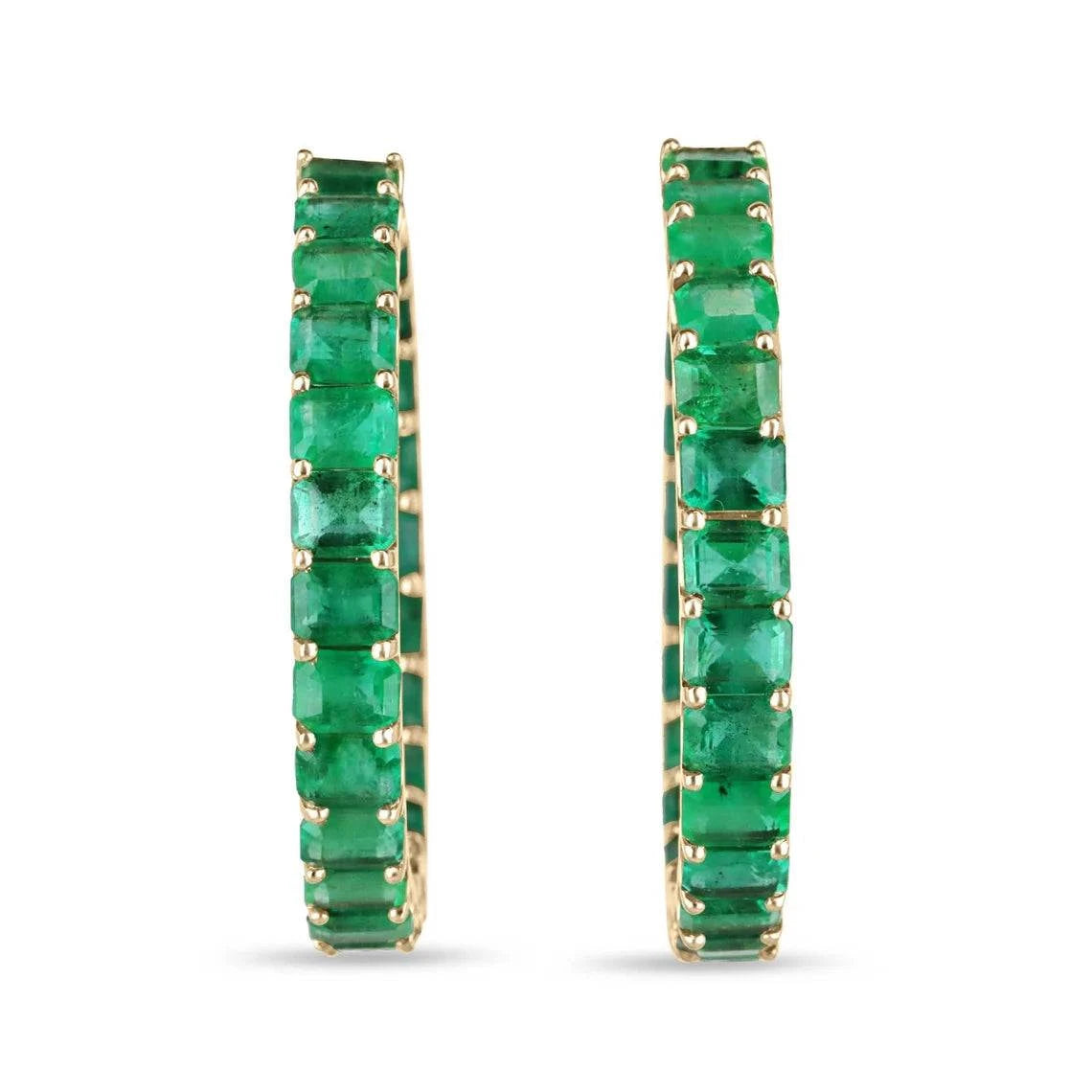 18K yellow gold hoop earrings with 20.69 tcw natural emeralds in emerald cut from Zambia