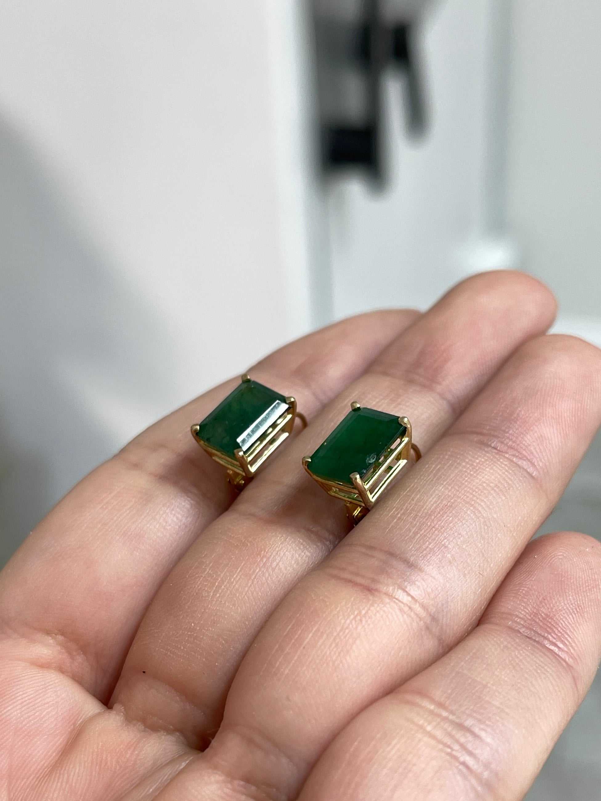 Dark green natural emerald lever-back dangle earrings from JR Colombian Emeralds, 14K gold, 3.43 carats, elegant jewelry.