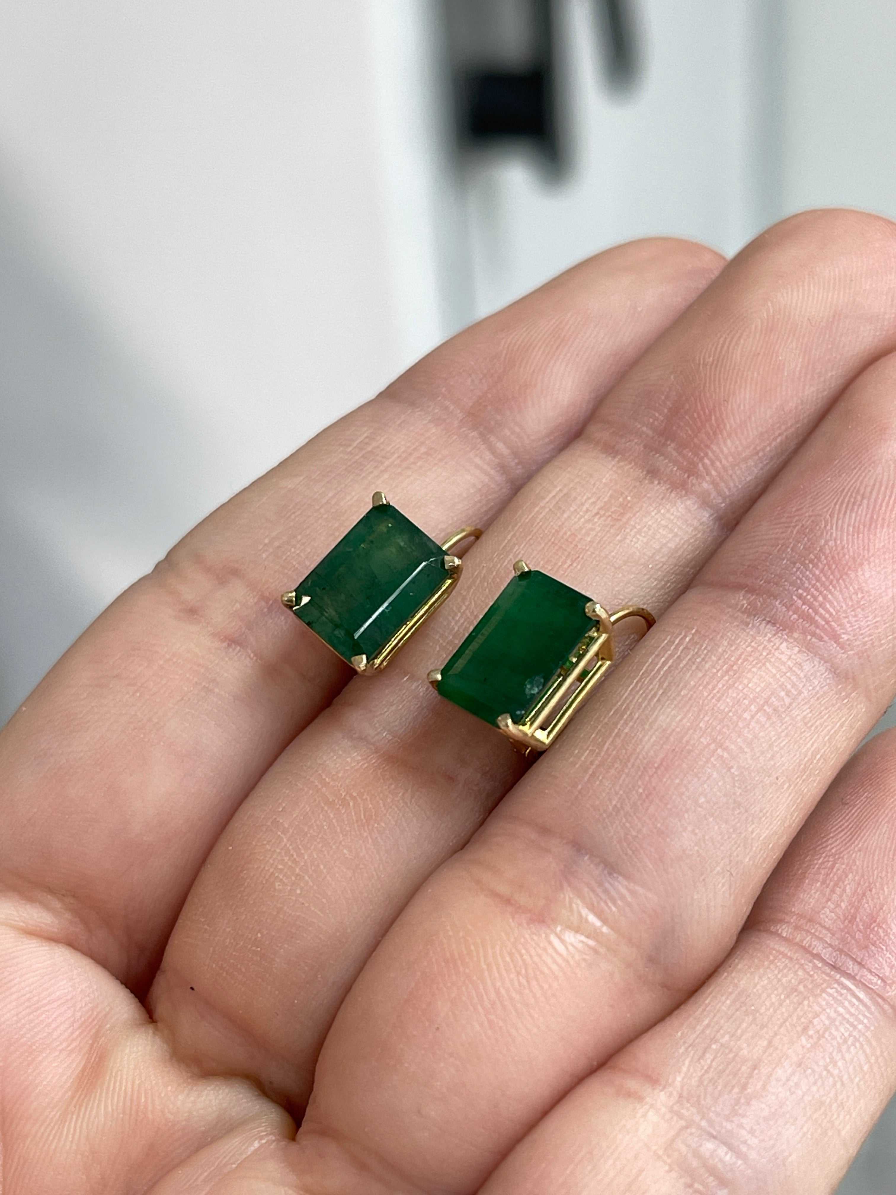 Dark green natural emerald lever-back dangle earrings by JR Colombian Emeralds, 3.43 carats, set in 14K gold.