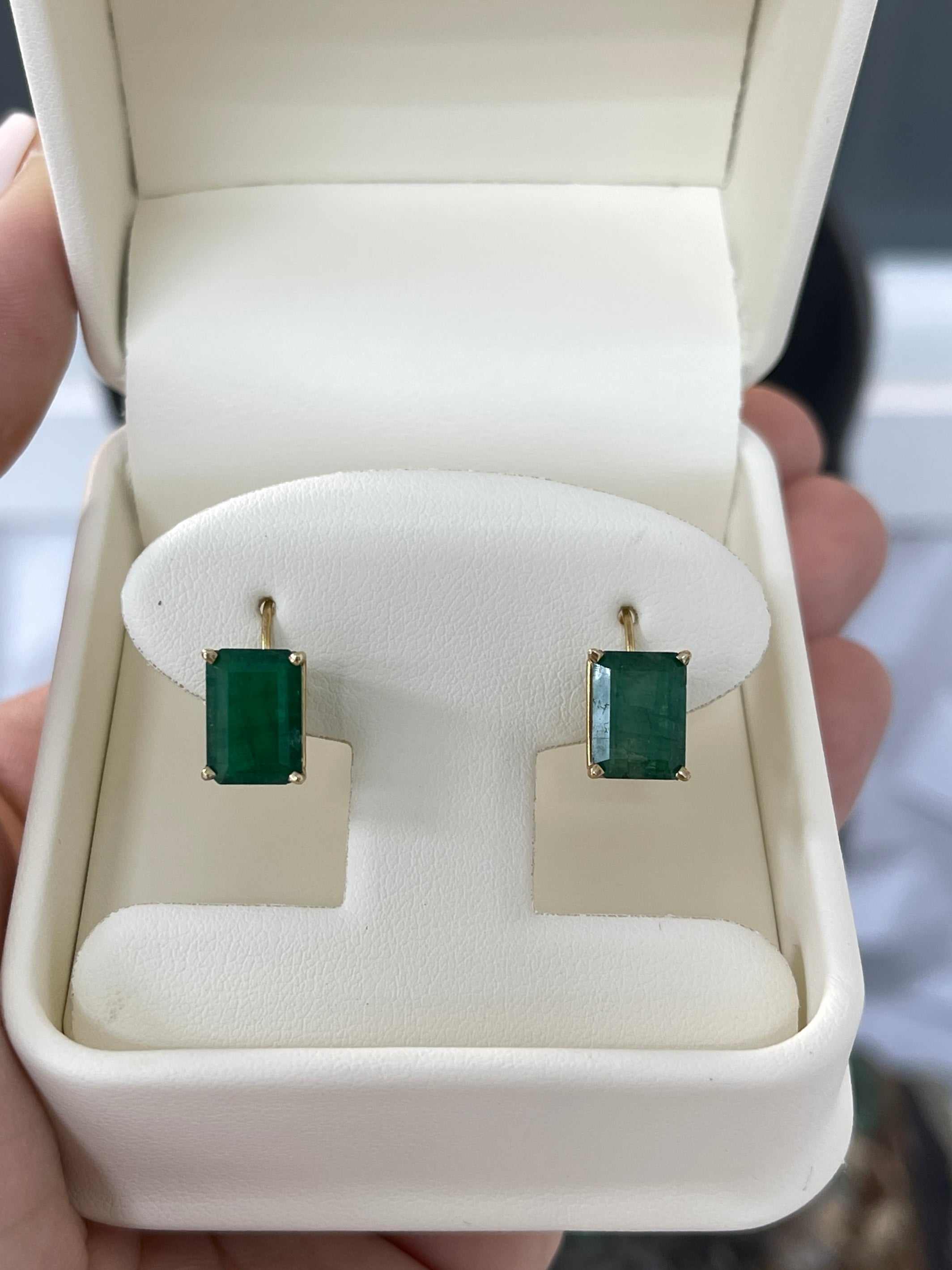 Dark green natural emerald lever back dangle earrings with 3.43 carats on 14K gold by JR Colombian Emeralds.