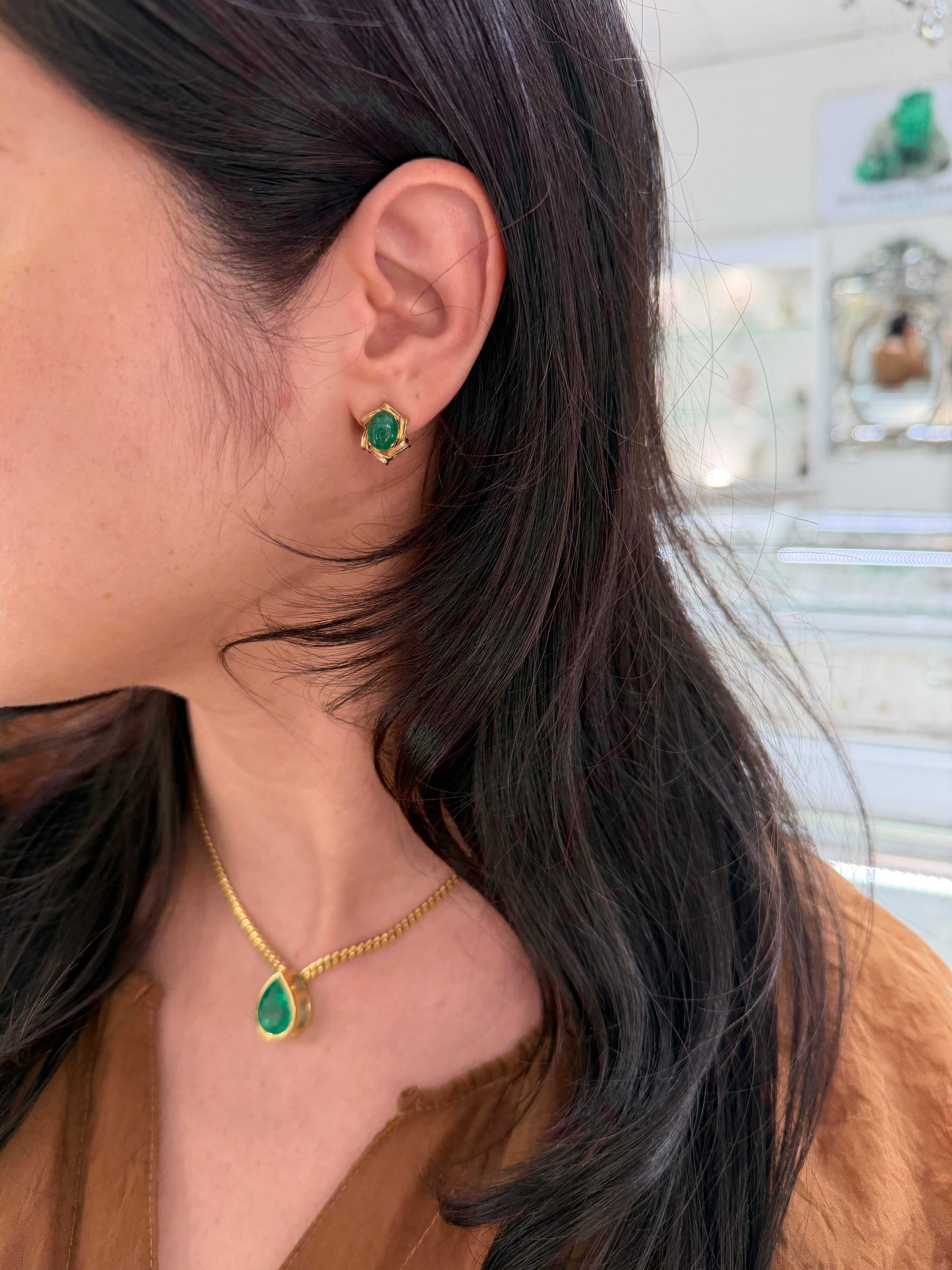 Dark green emerald oval cabochon Victorian handmade earrings by JR Colombian Emeralds, 14K gold, featuring 6.80 tcw natural emeralds.
