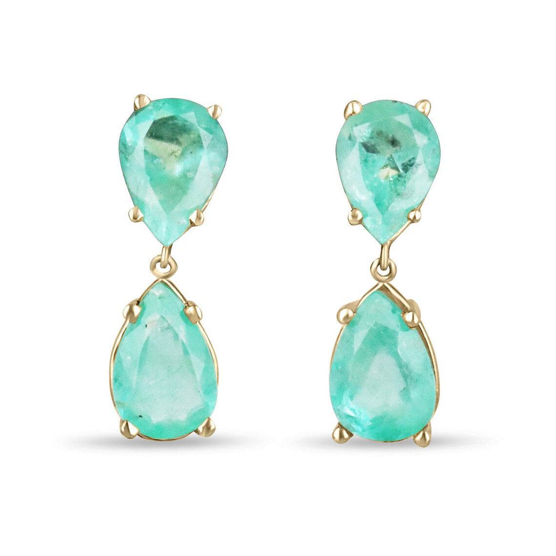 Natural Colombian emerald teardrop dangle earrings by JR Colombian Emeralds, 14K gold with 7.54 carats of emeralds.