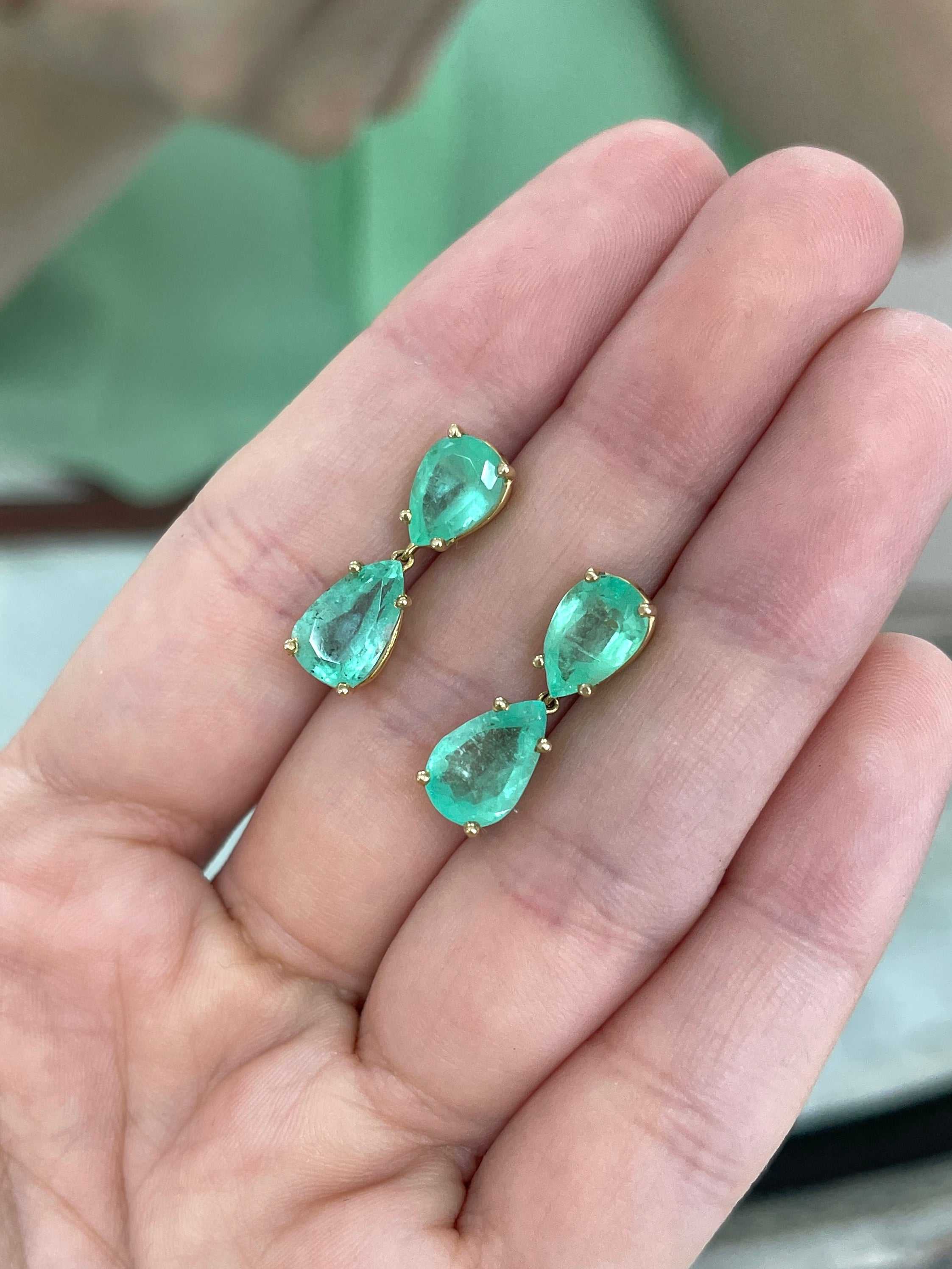 7.54tcw natural Colombian emerald teardrop dangle earrings in 14K gold by JR Colombian Emeralds.