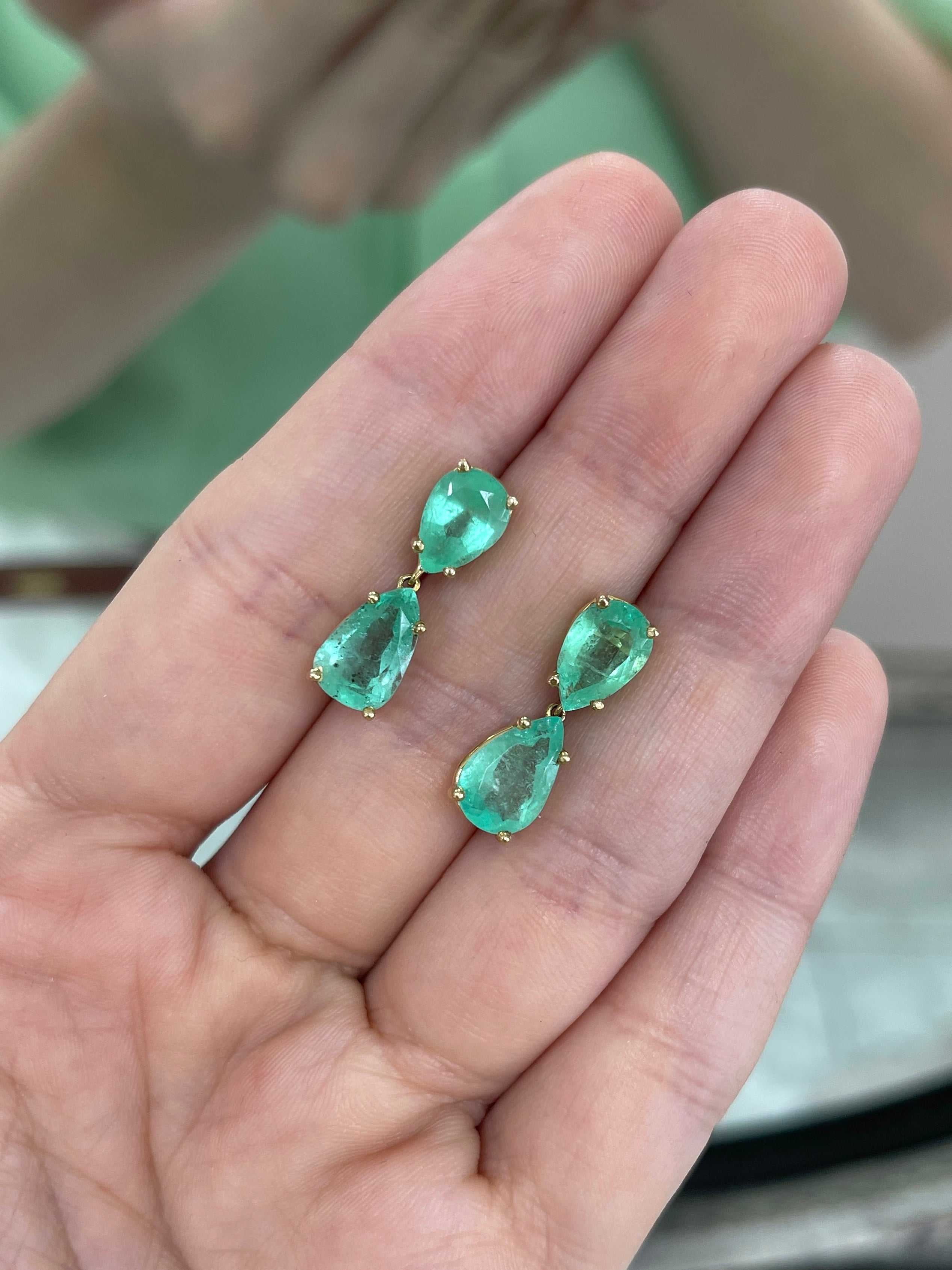 7.54tcw teardrop Colombian emerald dangle earrings in 14K gold from JR Colombian Emeralds, featuring vibrant natural green gemstones.
