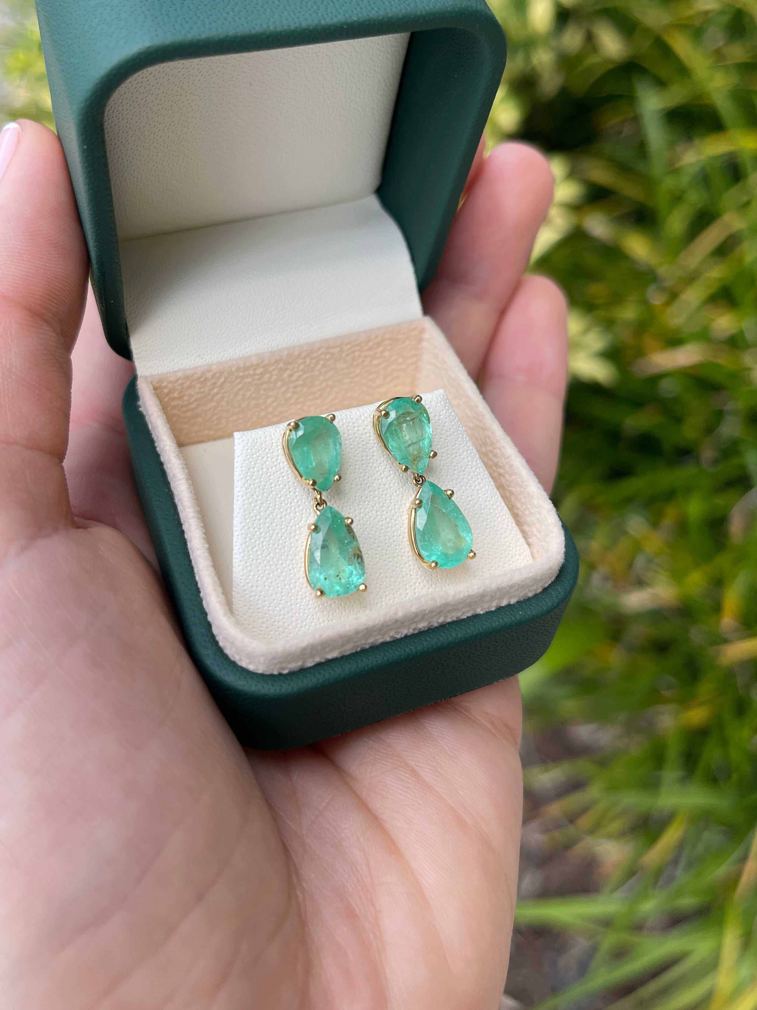 7.54tcw Teardrop Colombian Emerald Dangle Earrings in 14K gold with natural green emeralds, designed by JR Colombian Emeralds.
