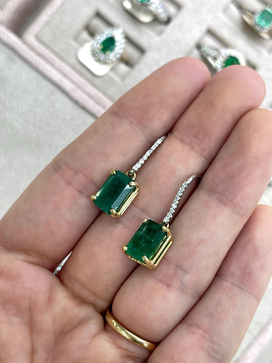 JR Colombian Emeralds earrings with 8.32tcw emerald dangle features, diamonds, and leverback hooks, elegant jewelry accessory.