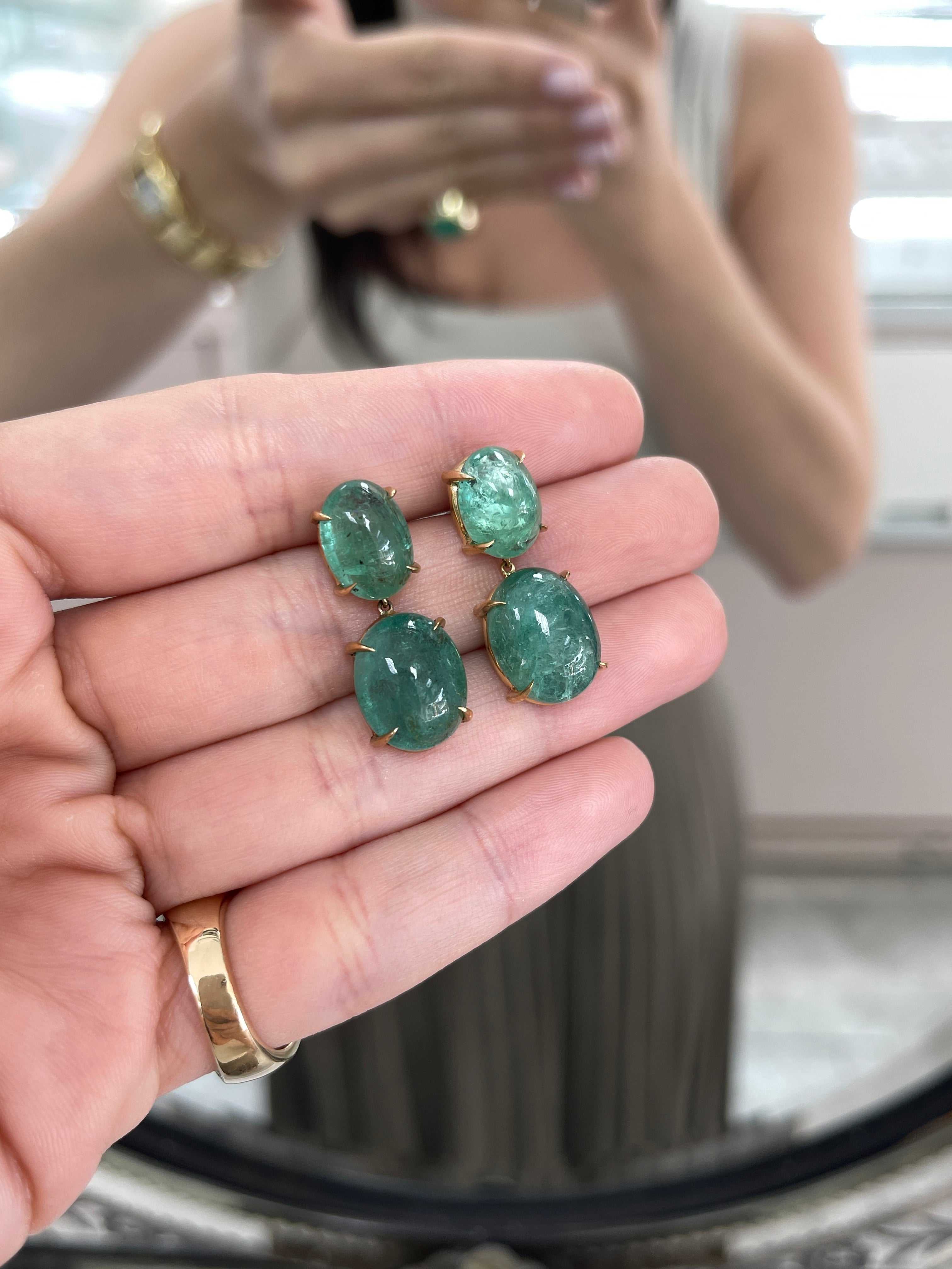 JR Colombian Emeralds dangle earrings with large natural cabochon emeralds, 14K gold, featuring heirloom-quality, vibrant green gemstones.