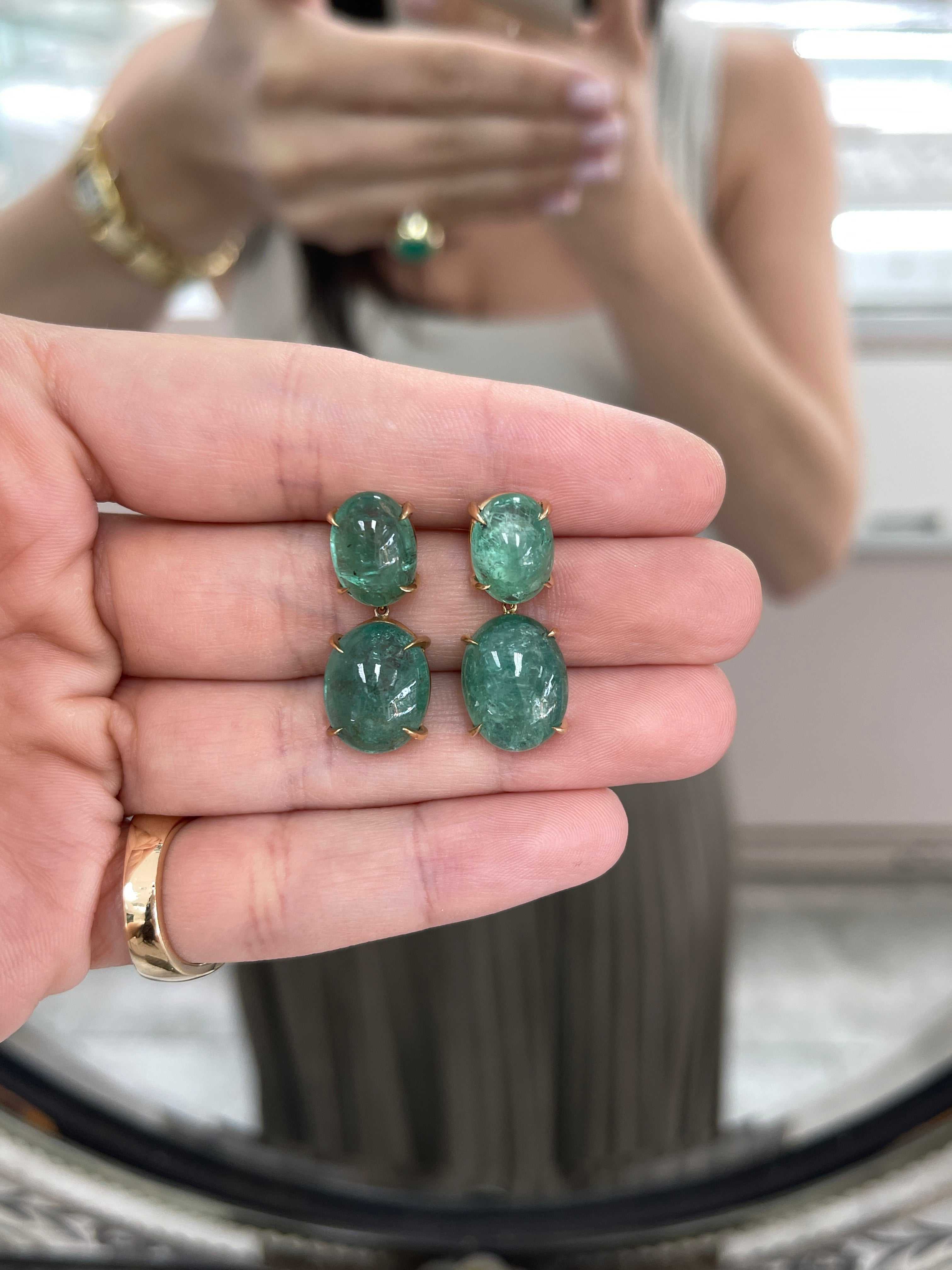 JR Colombian Emeralds dangle earrings featuring large natural cabochon emeralds in 14K gold with heirloom quality.