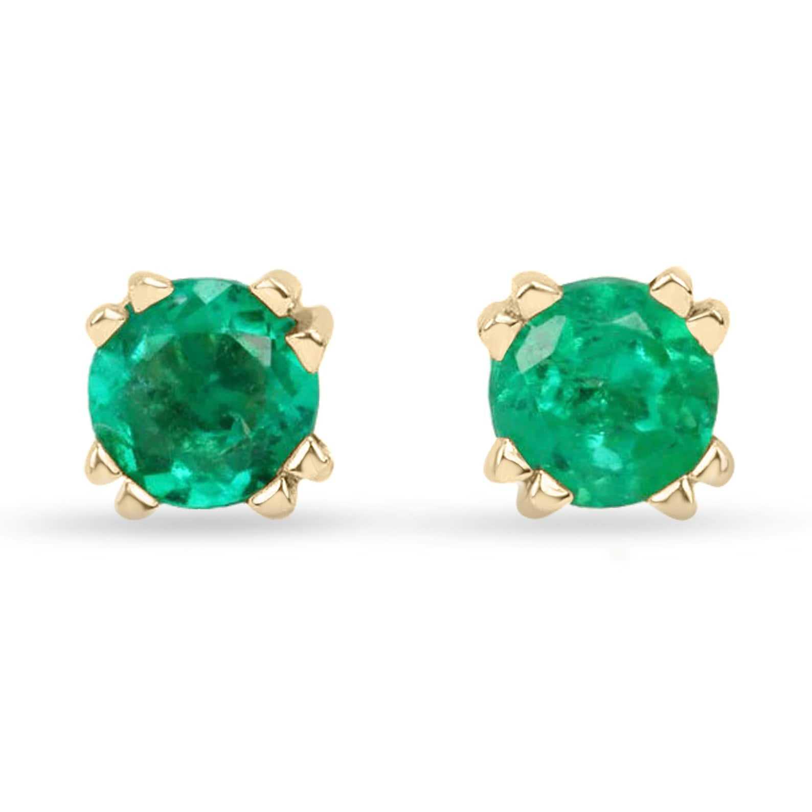 0.35tcw AAA petite natural round emerald stud earrings in 14K yellow gold double prong setting