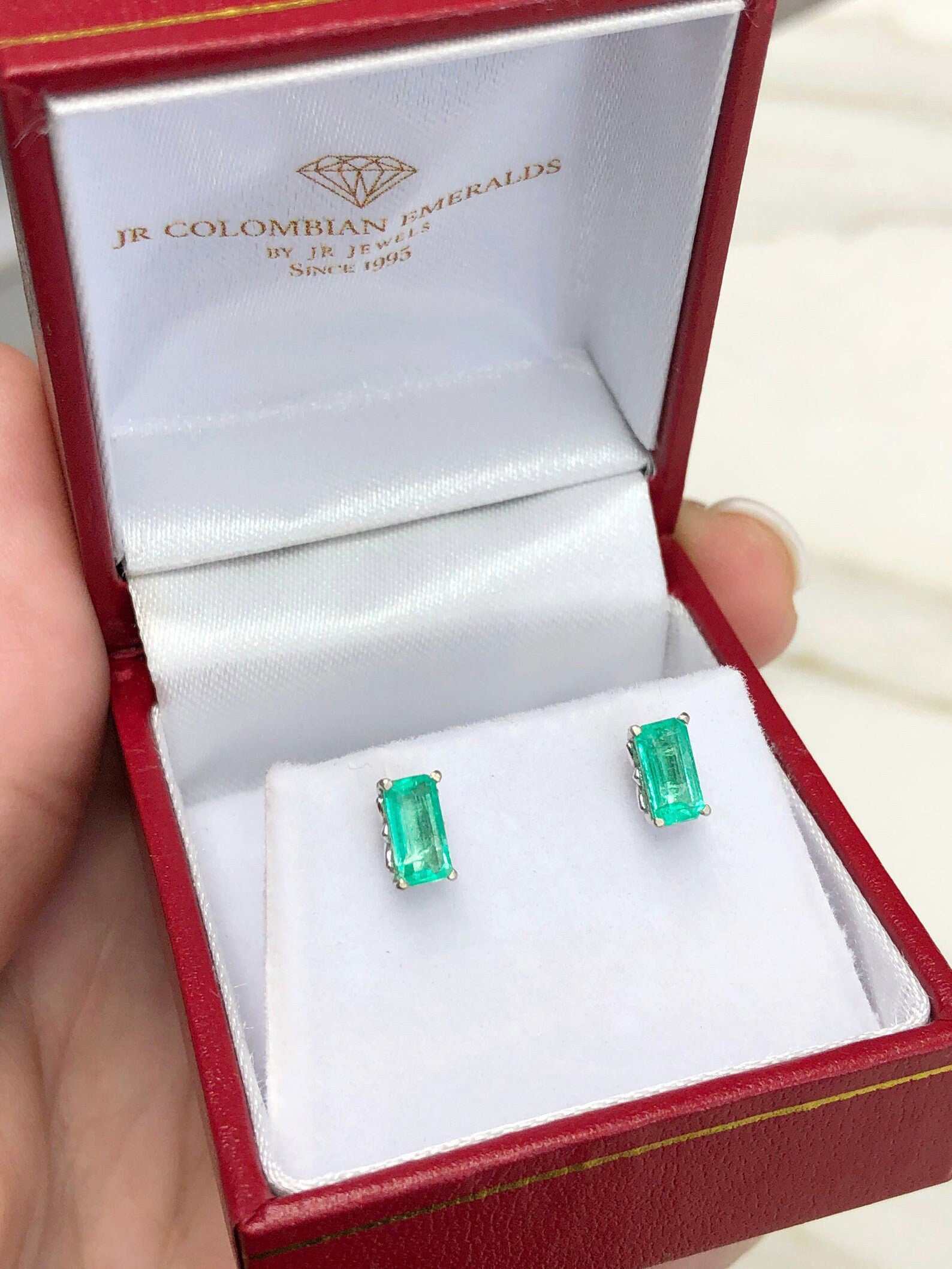 1.10tcw Elongated Vibrant Green natural Fleur De Lis Stud Earrings 14K