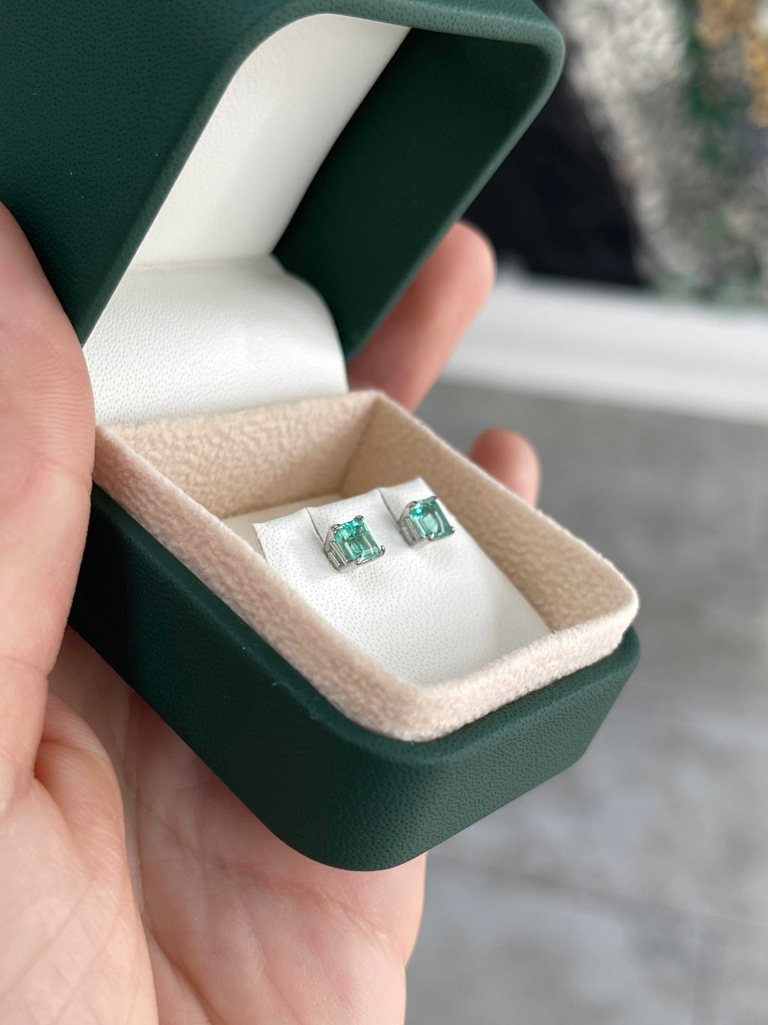 1.0tcw Petite Asscher Medium Bright Real Emerald Stud Earrings 14K - JR Colombian Emeralds