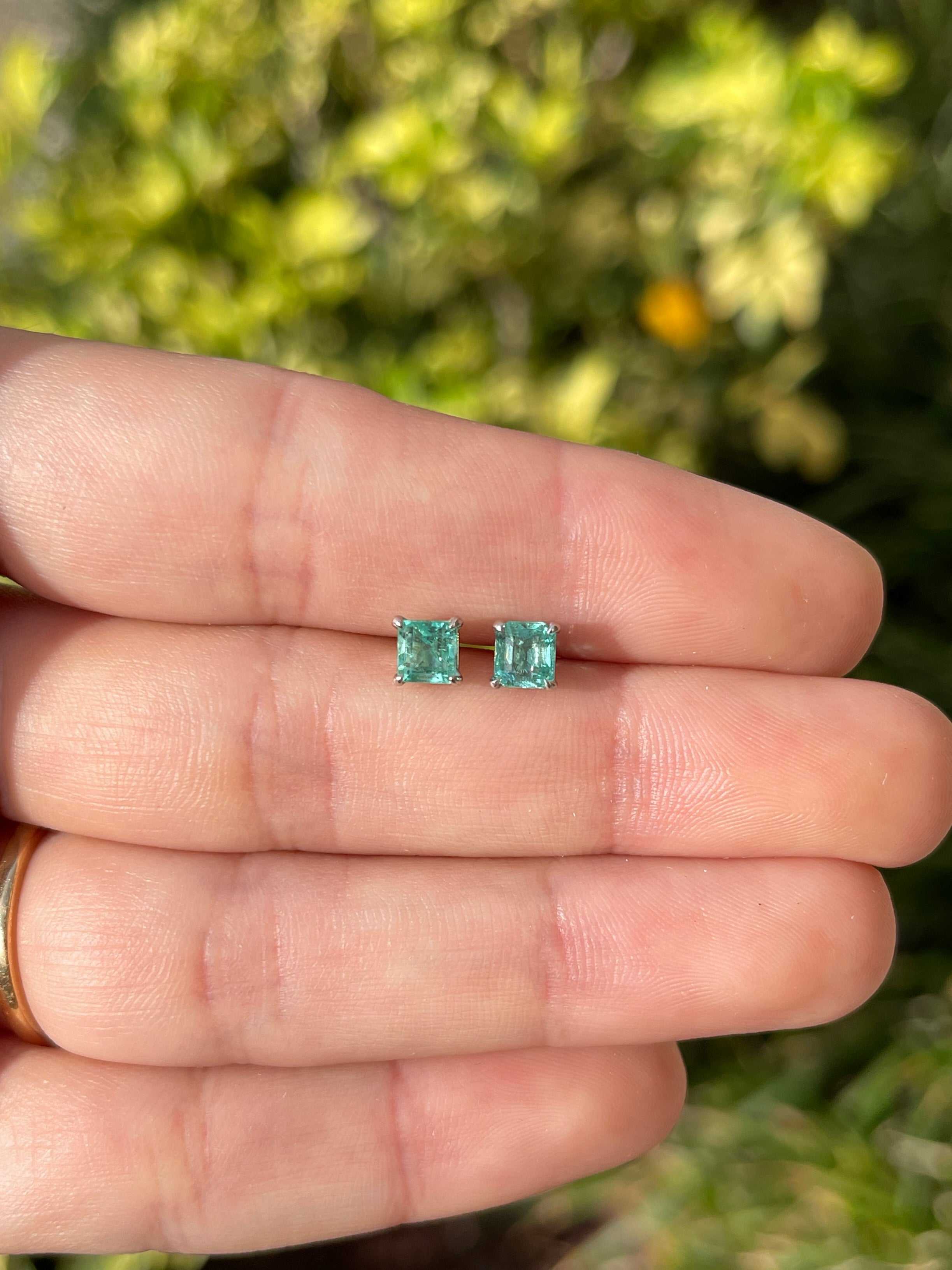 1.0tcw Petite Asscher Medium Bright Real Emerald Stud Earrings 14K - JR Colombian Emeralds
