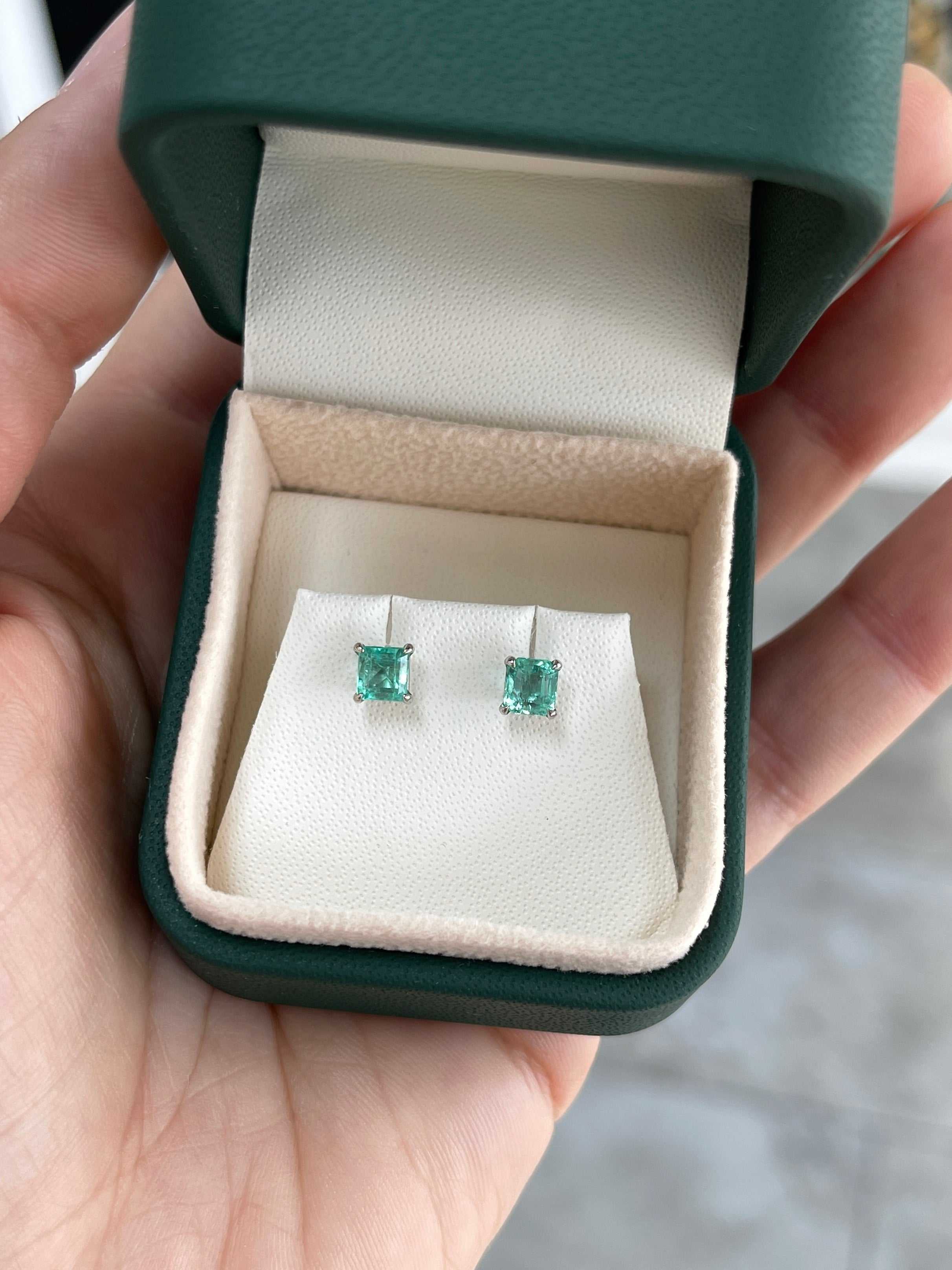 1.0tcw Petite Asscher Medium Bright Real Emerald Stud Earrings 14K - JR Colombian Emeralds