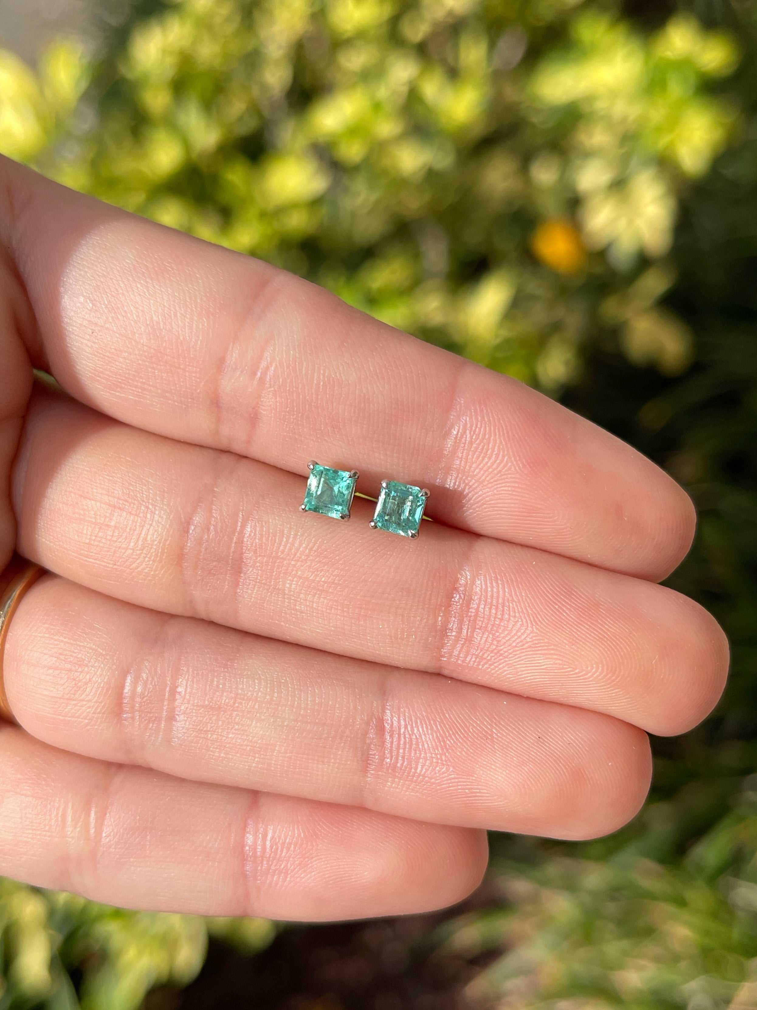 1.0tcw Petite Asscher Medium Bright Real Emerald Stud Earrings 14K - JR Colombian Emeralds