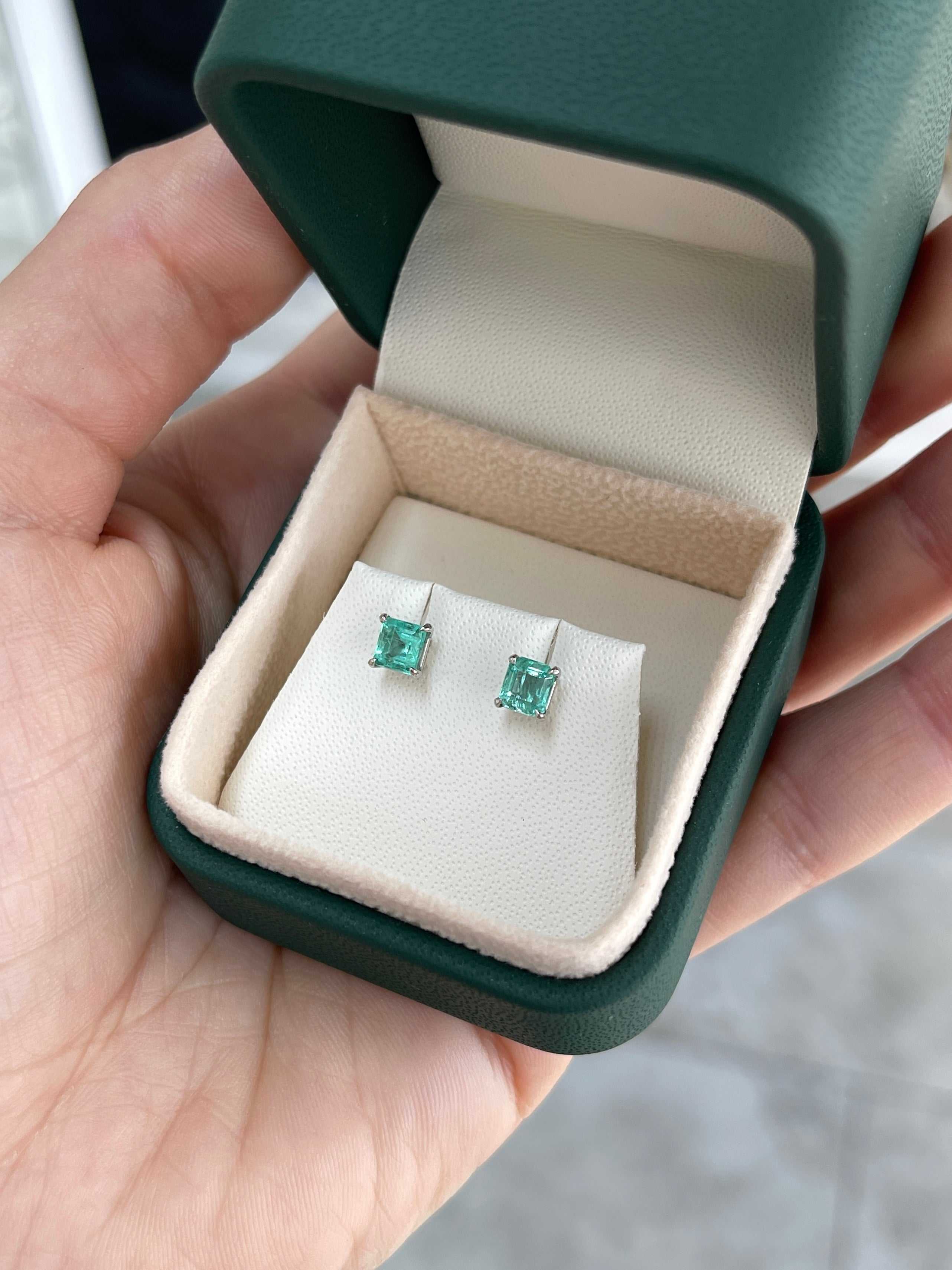 1.0tcw Petite Asscher Medium Bright Real Emerald Stud Earrings 14K - JR Colombian Emeralds
