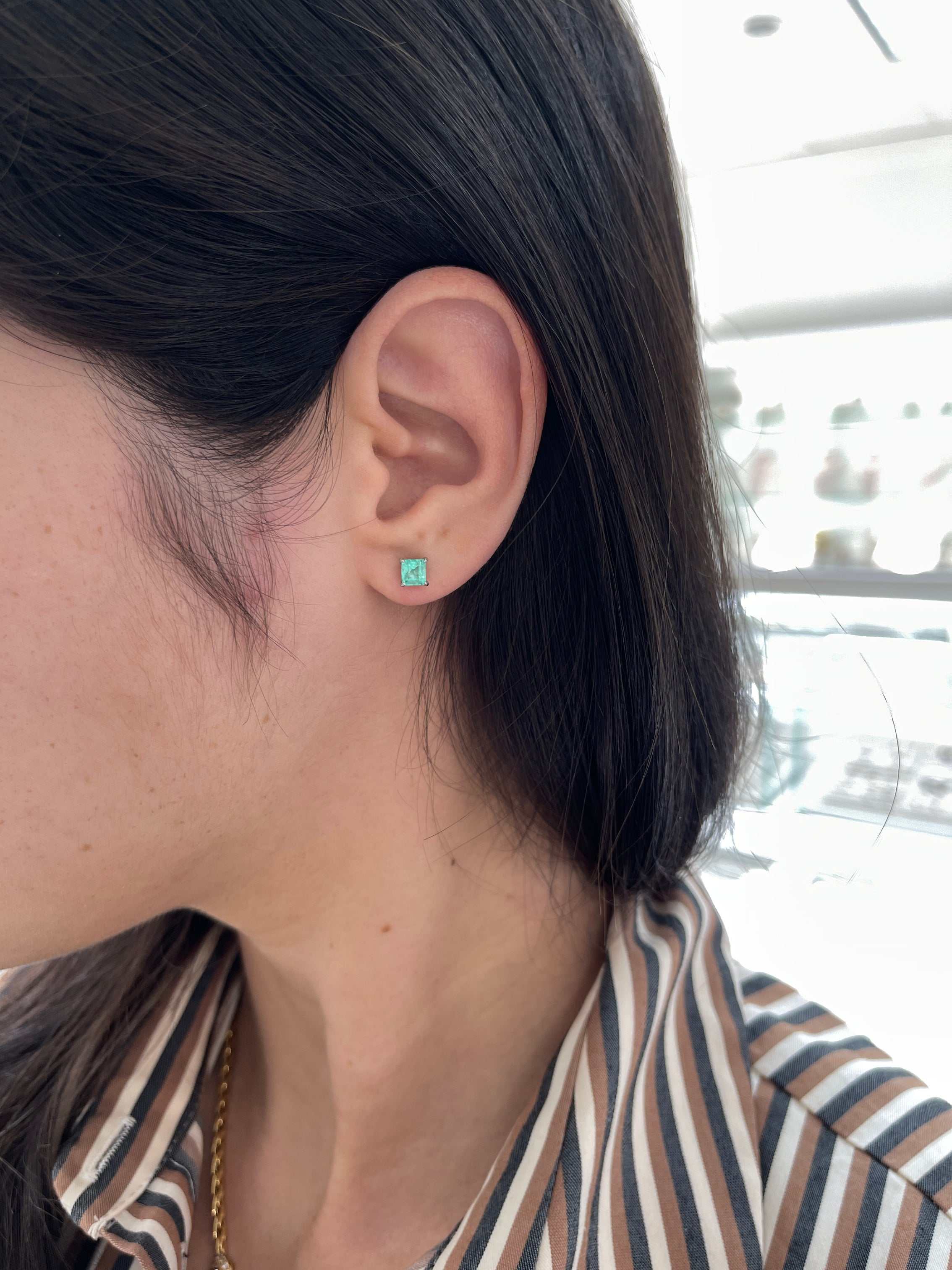 1.0tcw Petite Asscher Medium Bright Real Emerald Stud Earrings 14K - JR Colombian Emeralds