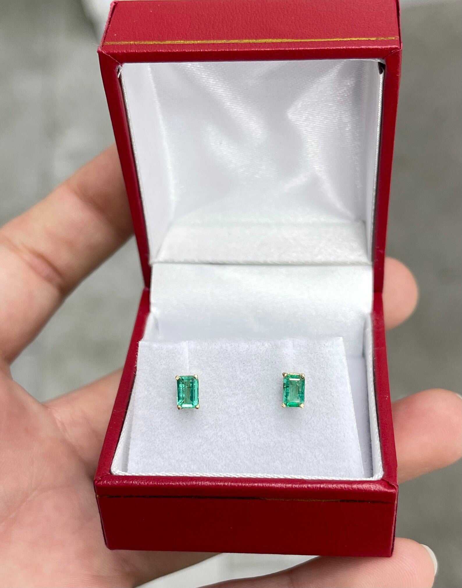 14K yellow gold emerald cut stud earrings with 0.80ctw dainty four-prong setting by JR Colombian Emeralds.