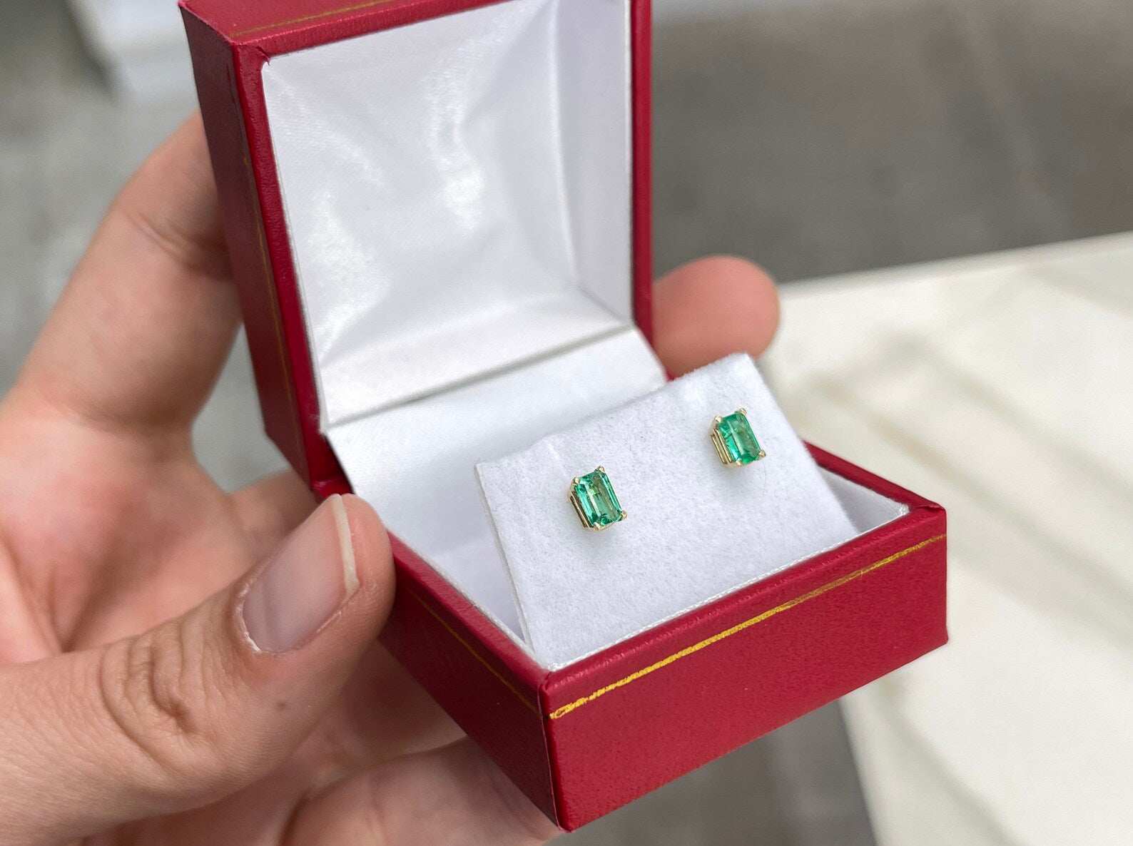 14K yellow gold emerald cut stud earrings with 0.80tcw dainty four-prong design by JR Colombian Emeralds