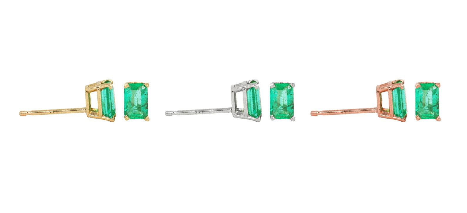 14K yellow gold emerald cut stud earrings with 0.80tcw dainty four-prong setting by JR Colombian Emeralds