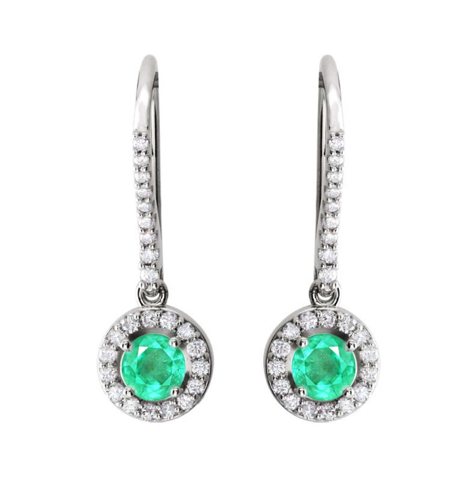 1.20tcw Diamond Halo-Style Round genuine Emerald French Hook Dangle Ea