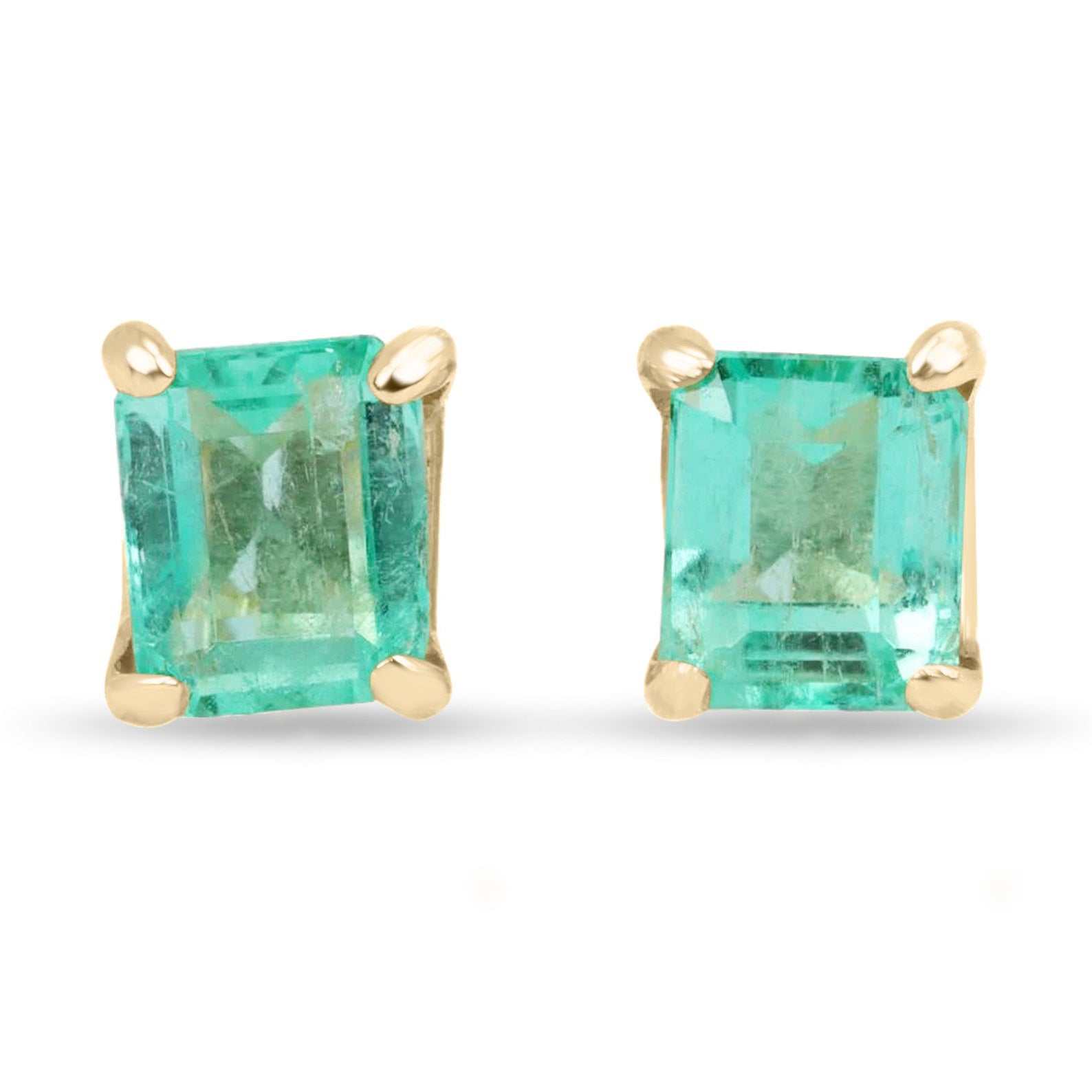 Classic bright green emerald-cut stud earrings set in 14K gold, 1.20 carats natural emeralds with four-prong setting