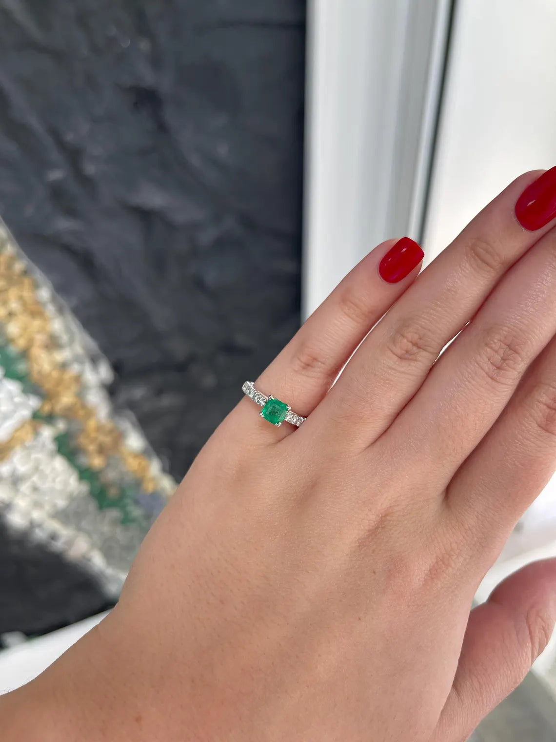 1.50Tcw Rich Green Asscher Emerald Sparkles With Diamond Accent Shine Engagement Ring - JR Colombian Emeralds