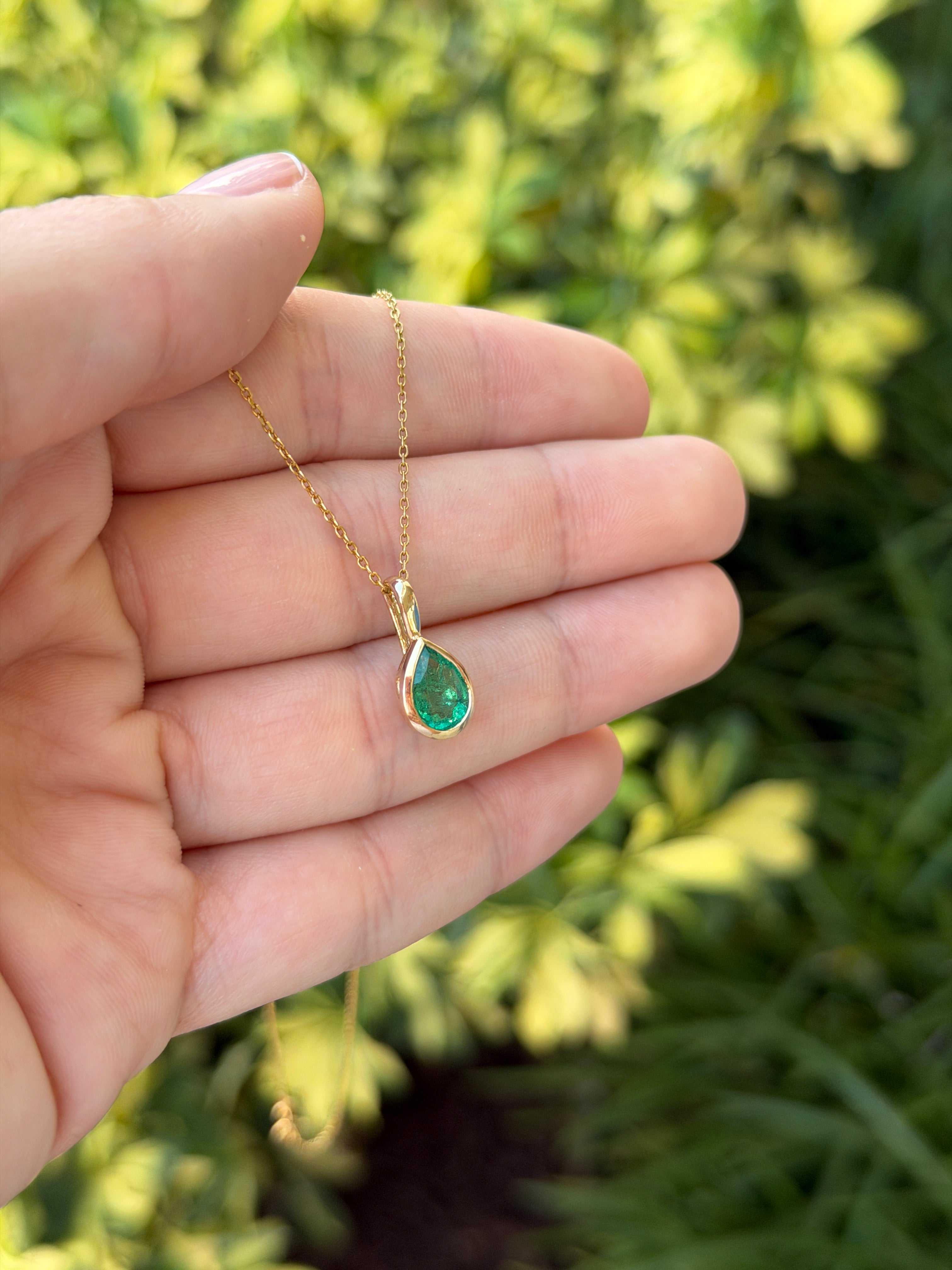 1.0ct Bezel Set Natural Emerald Pear Necklace 14K - JR Colombian Emeralds