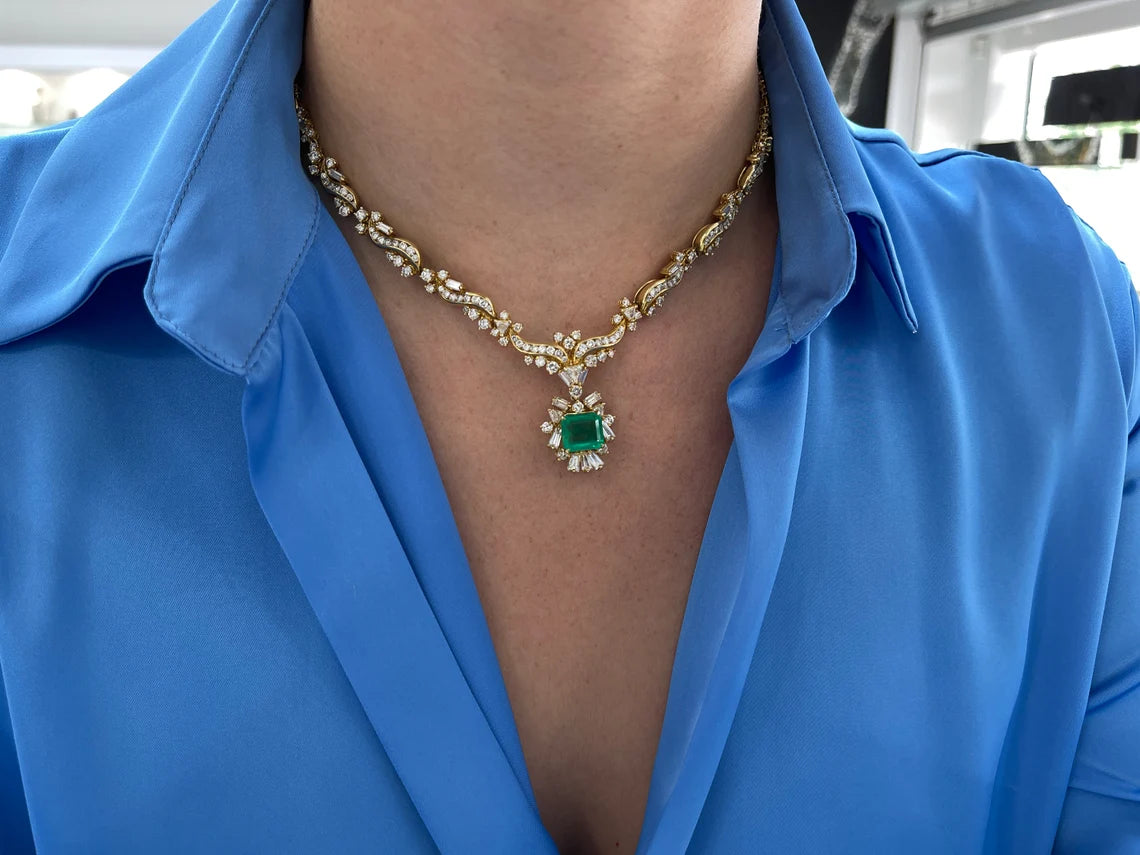 17.20tcw Colombian Emerald Diamond Statement Necklace with Multi-Cut Diamonds