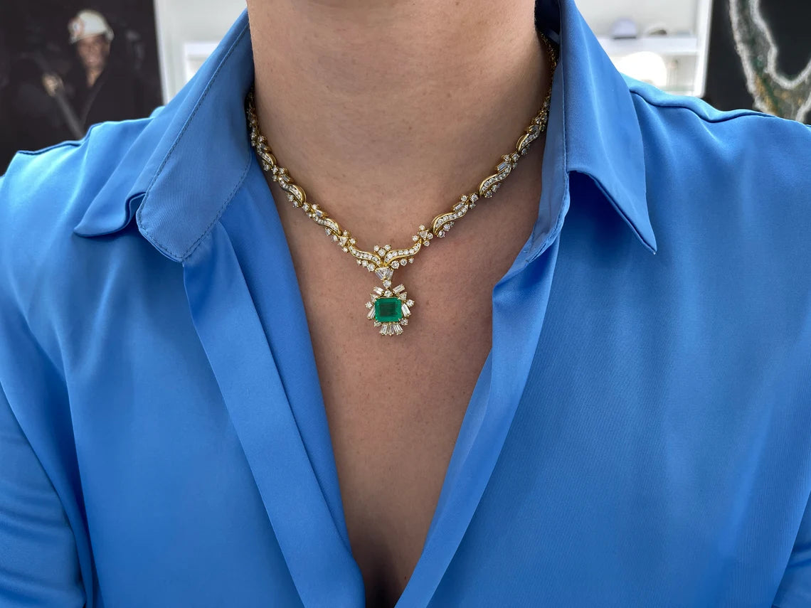 17.20tcw Colombian Emerald Diamond Statement Necklace with Multi-Cut Diamonds