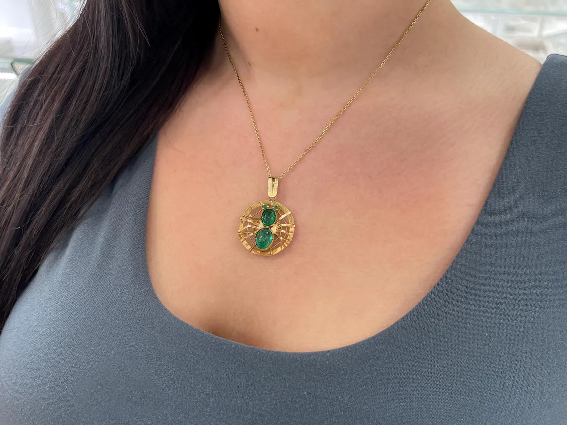 5.23ct Colombian Emerald Cabochon Oval Spider Pendant Necklace