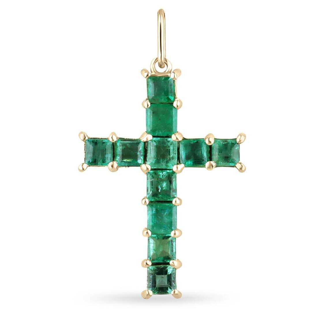 Natural princess cut emerald cross pendant with 14k gold prong setting.