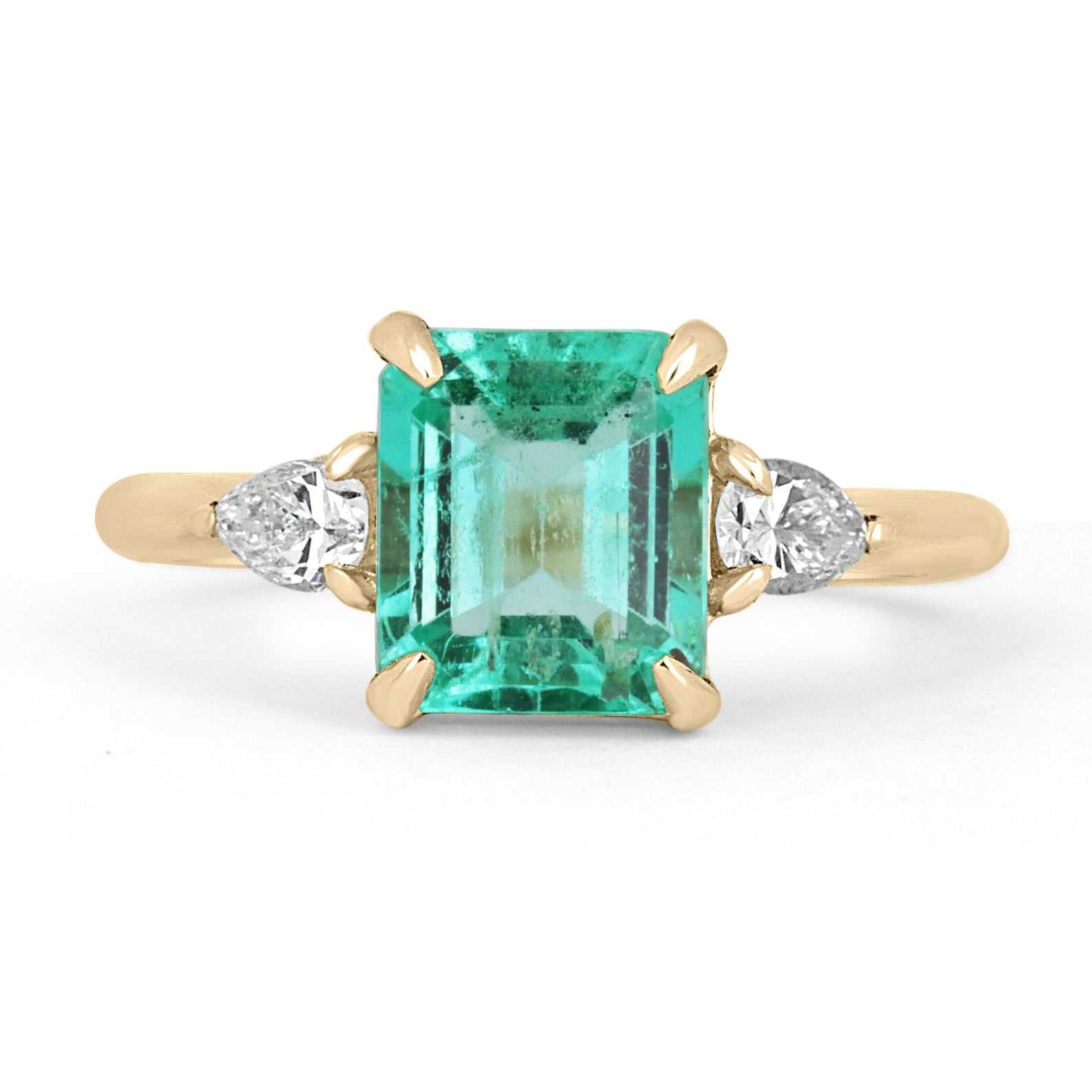 50% Deposit C.R 2.11tcw Three Stone Asscher Emerald & Pear Diamond Engagement Ring 14K