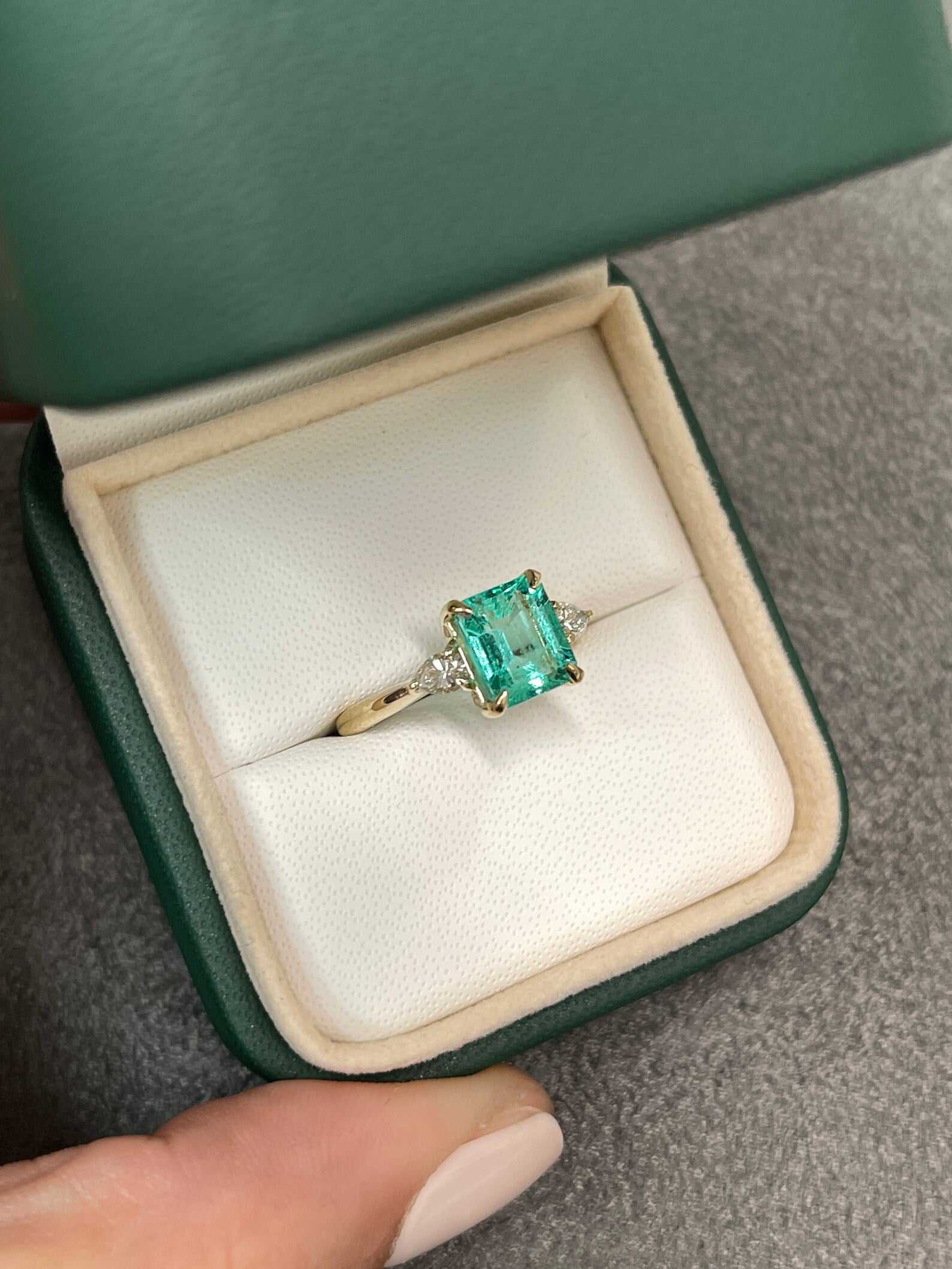 2.11tcw Three Stone Asscher Emerald & Pear Diamond Engagement Ring 14K